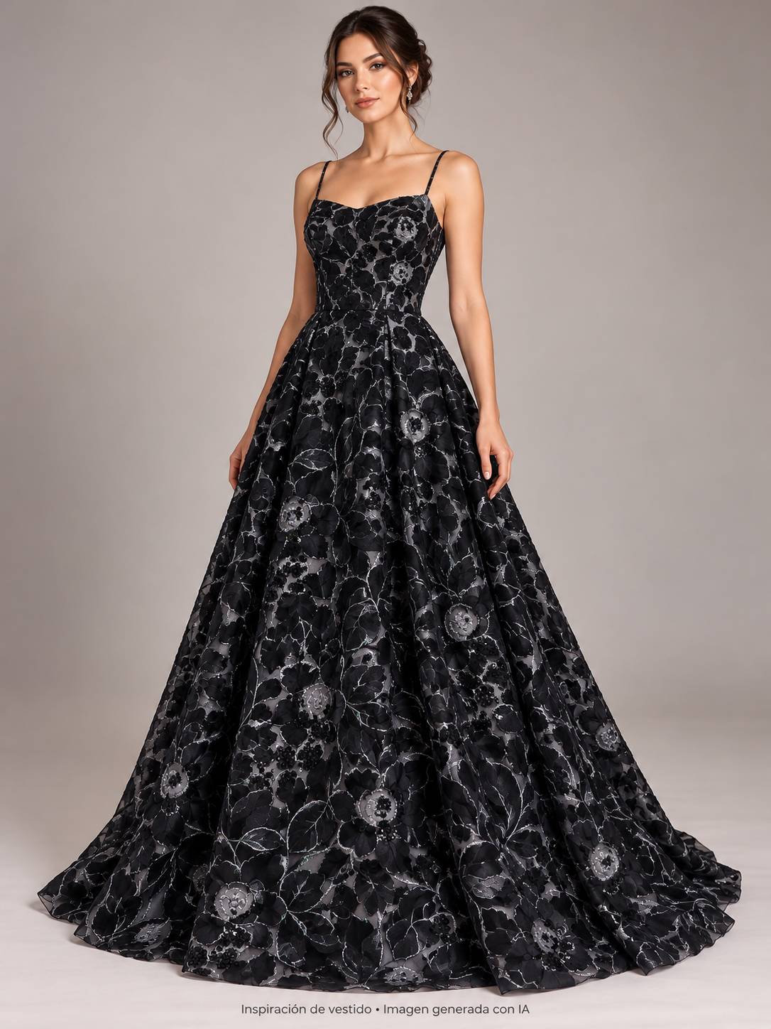 Inspiración de vestido creada con IA: Tul bordado color negro A927, ideal para vestidos de noche de boda y de XV años