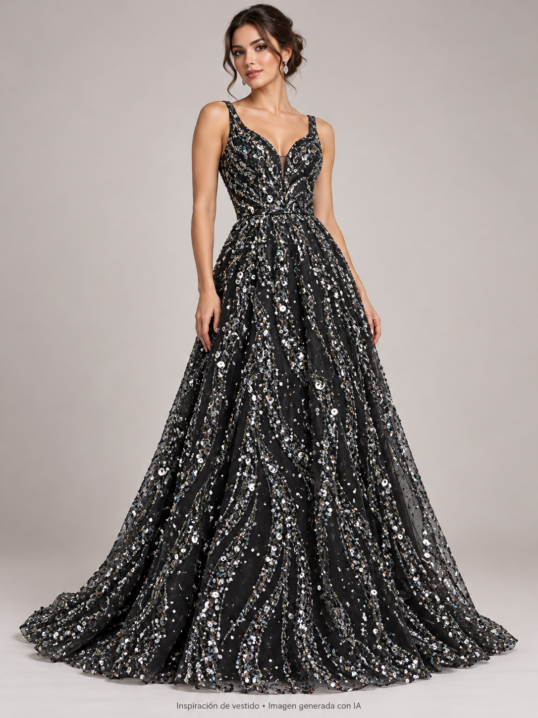 Inspiración de vestido creada con IA: Tul bordado color negro plata A957, ideal para vestidos de noche de boda y de XV años