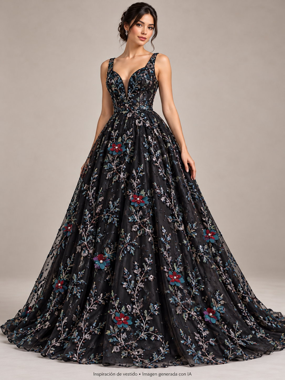 Inspiración de vestido creada con IA: Tul bordado color negro A974, ideal para vestidos de noche de boda y de XV años
