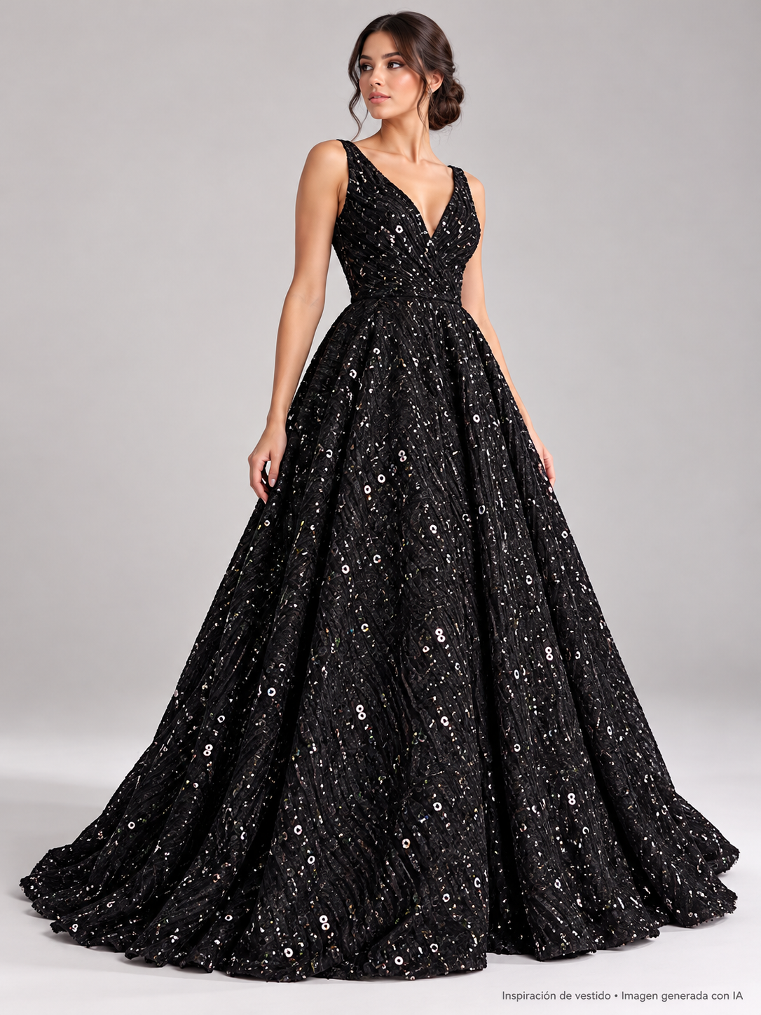 Inspiración de vestido creada con IA: Tul bordado color negro A978, ideal para vestidos de noche de boda y de XV años