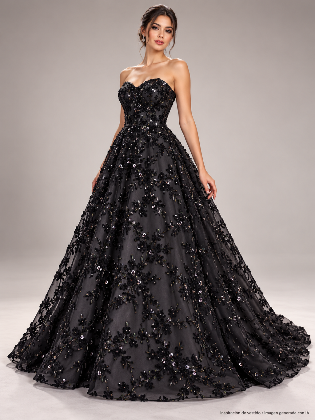 Inspiración de vestido creada con IA: Tul bordado color negro A986, ideal para vestidos de noche de boda y de XV años