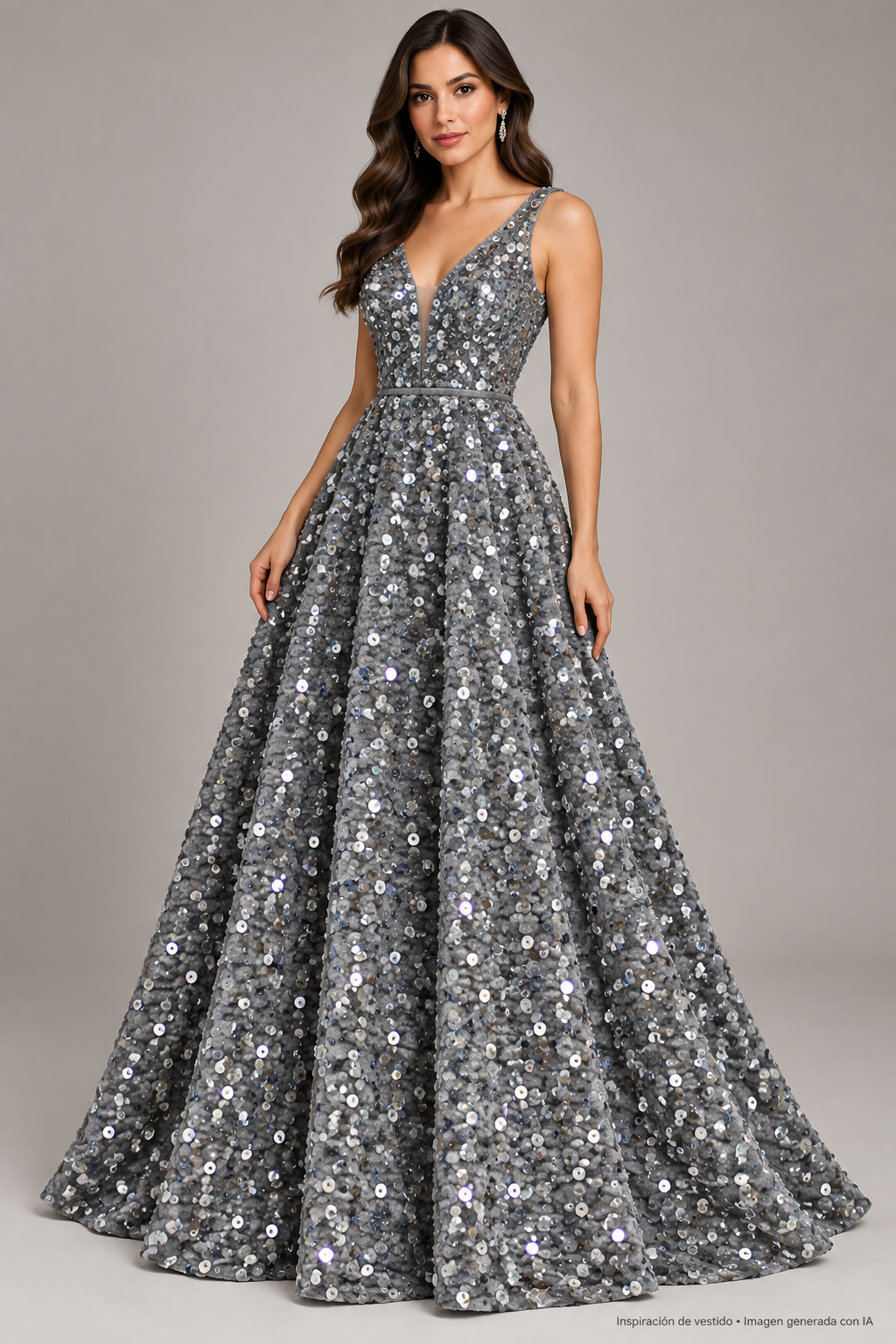 Inspiración de vestido creada con IA: Tul bordado con lentejuela sobre terciopelo A789 color gris, ideal para vestidos y disfracez