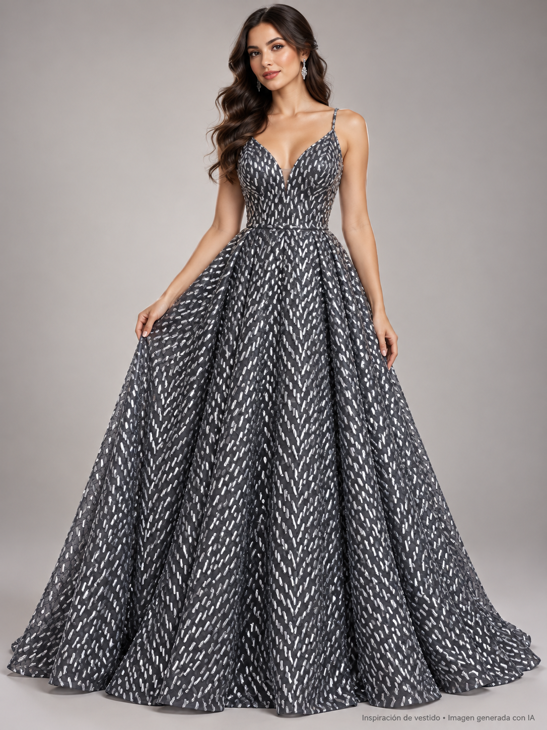 Inspiración de vestido creada con IA: Tul bordado color plata H034, ideal para vestidos de noche de boda y de XV años