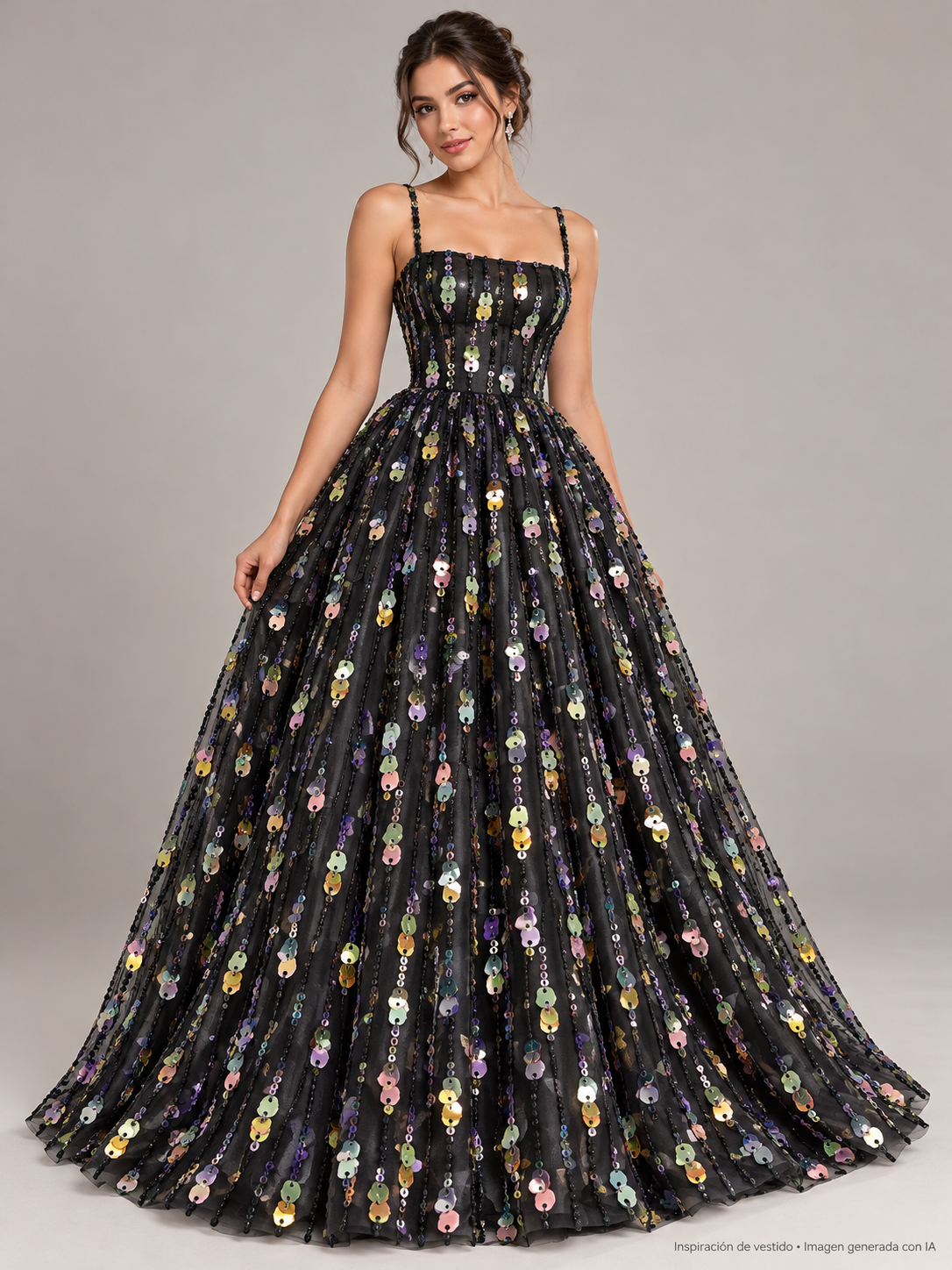 Inspiración de vestido creada con IA: Tul bordado color negro H077, ideal para vestidos de noche de boda y de XV años