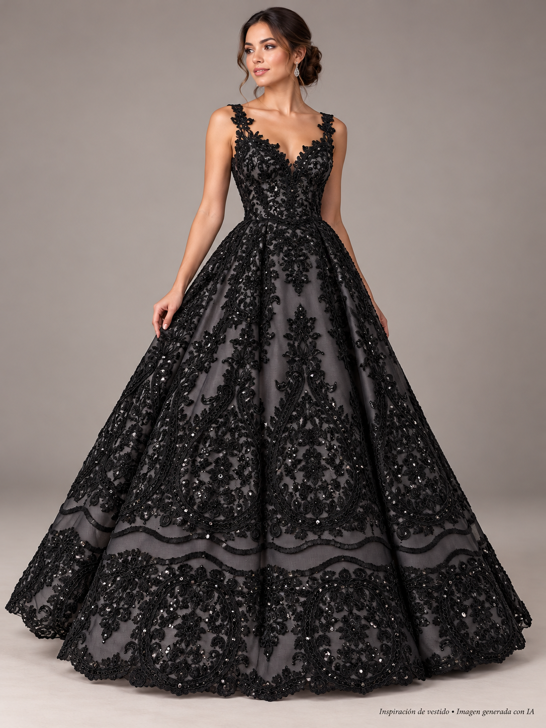 Inspiración de vestido creada con IA: Tul bordado color negro H129, ideal para vestidos de noche de boda y de XV años