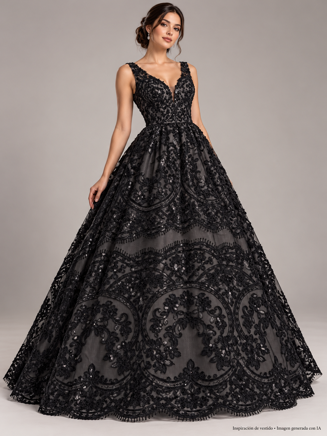 Inspiración de vestido generada con IA: Tul bordado color negro H130, ideal para vestidos de noche de boda y de XV años