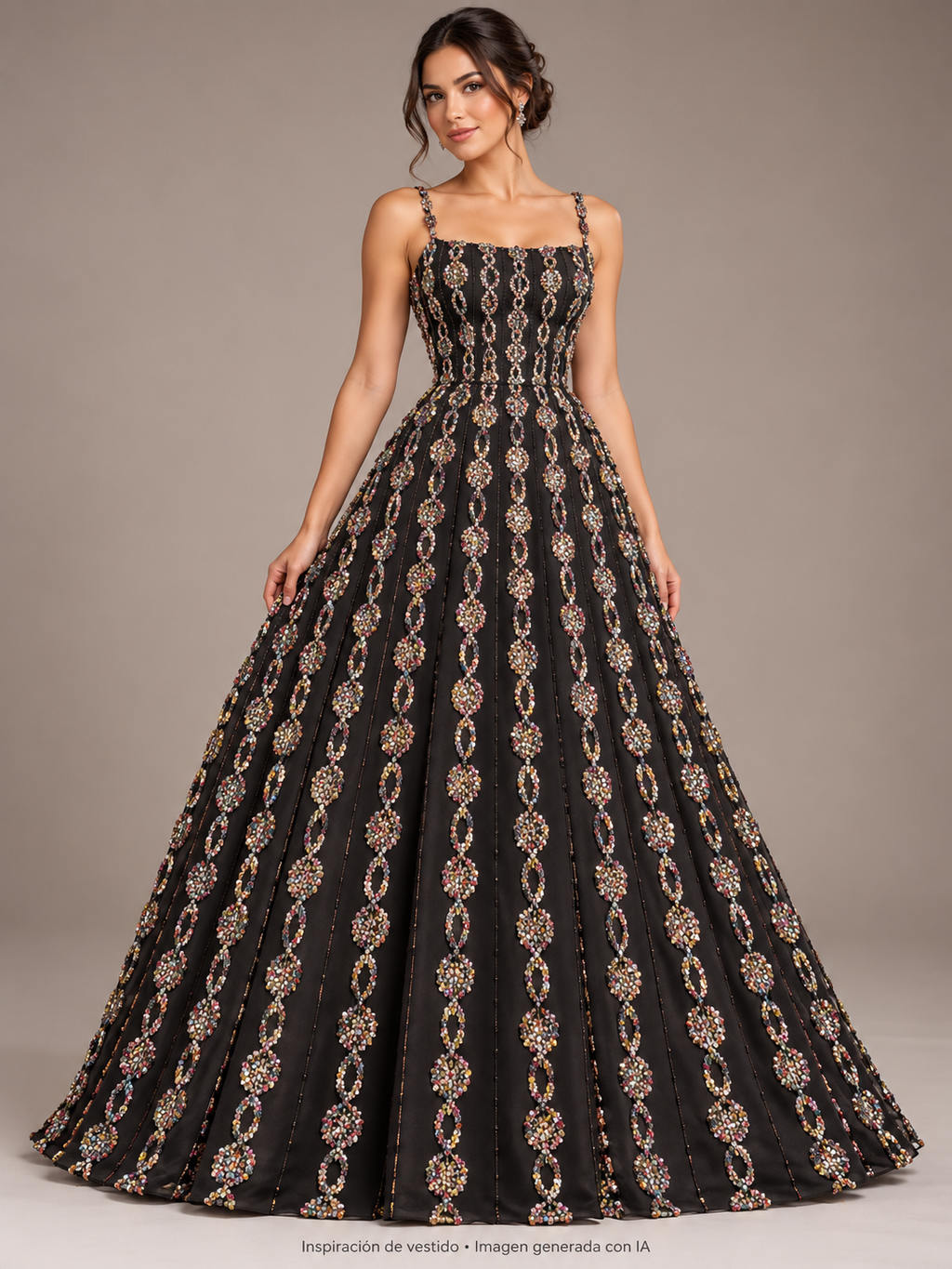 Inspiración de vestido generada con IA: Tul bordado Con Aplicaciones de Pedrería en Línea Color Negro H146, ideal para vestidos de noche de boda y de XV años