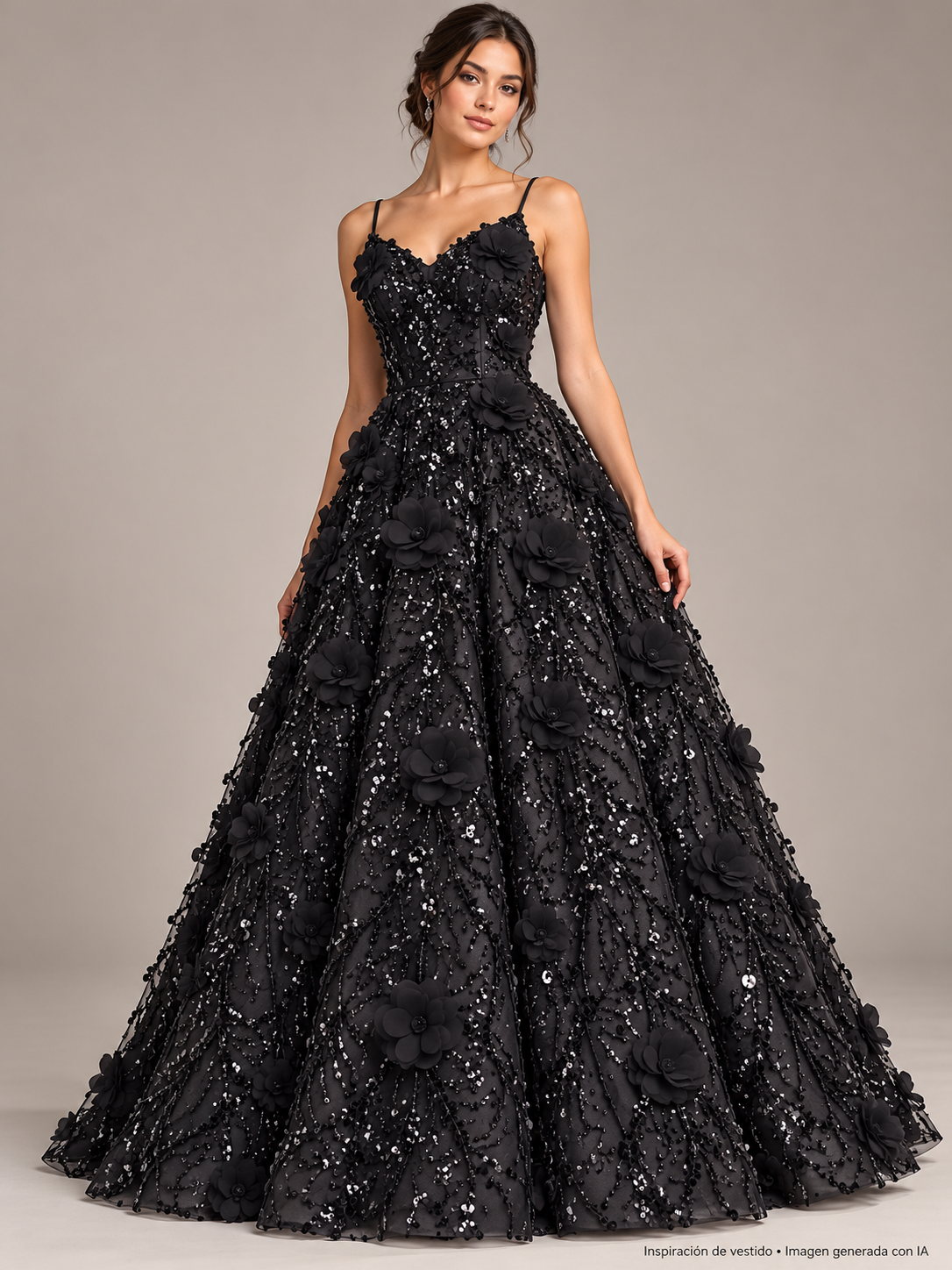 Inspiración de vestido generada con IA: Tul bordado color negro H147, ideal para vestidos de noche de boda y de XV años