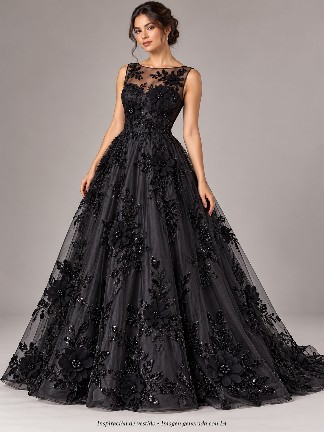 Inspiración de vestido generada con IA: Tul bordado color negro H164, ideal para vestidos de noche de boda y de XV años