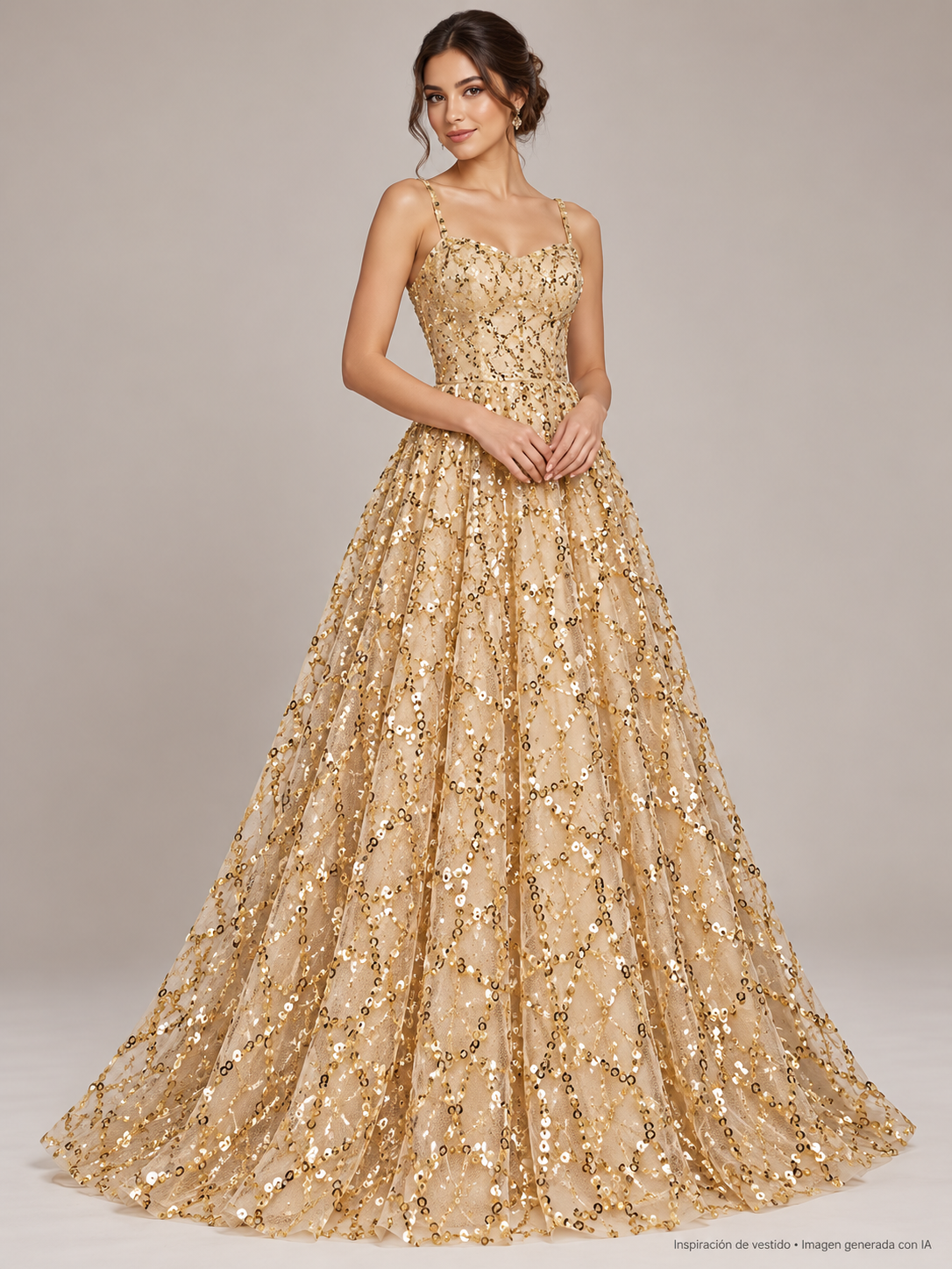 Inspiración de vestido generada con IA: Tul bordado color oro A943, ideal para vestidos de noche de boda y de XV años