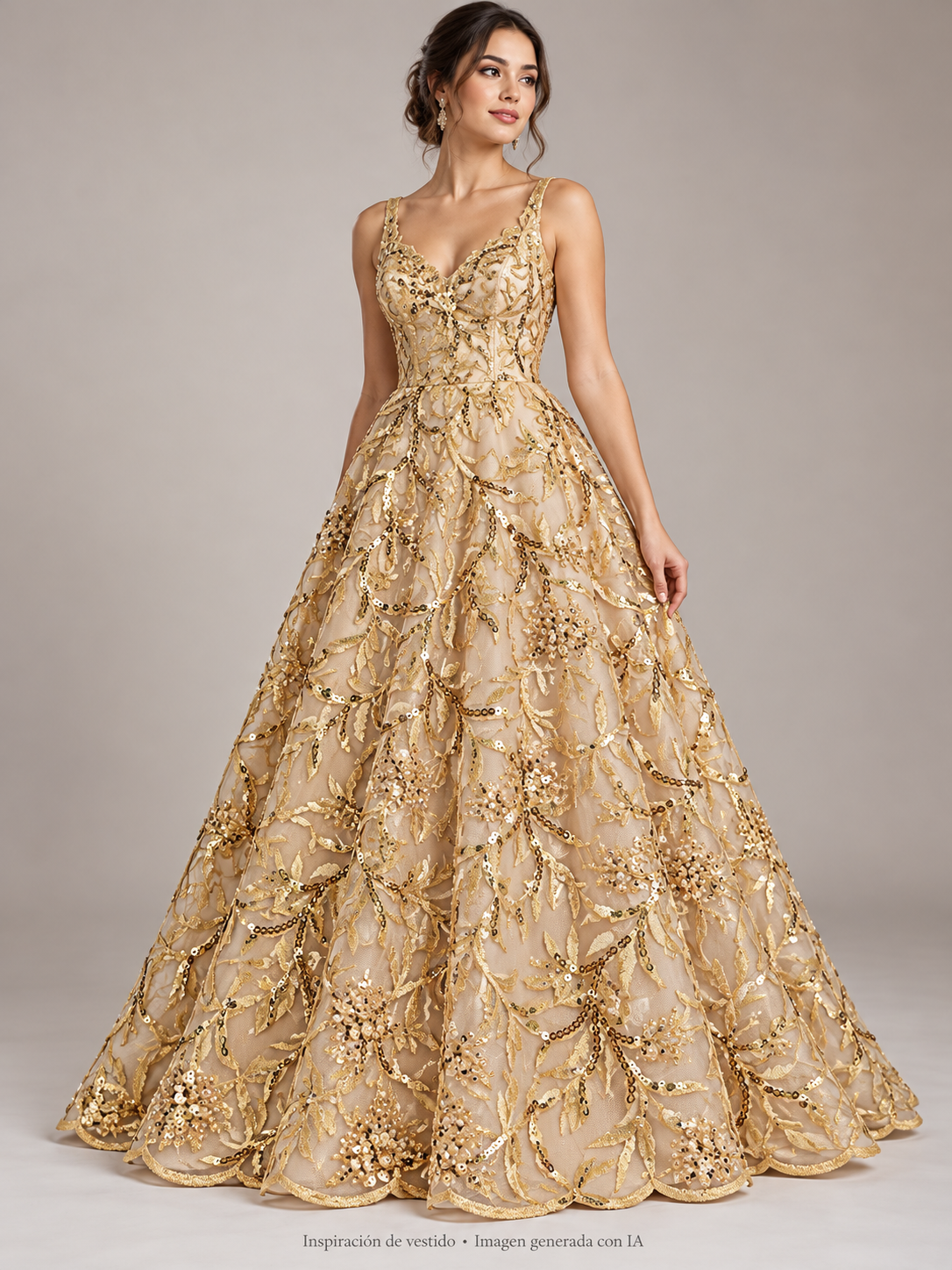 Inspiración de vestido generada con IA: Tul bordado color oro A873, ideal para vestidos de noche de boda y de XV años
