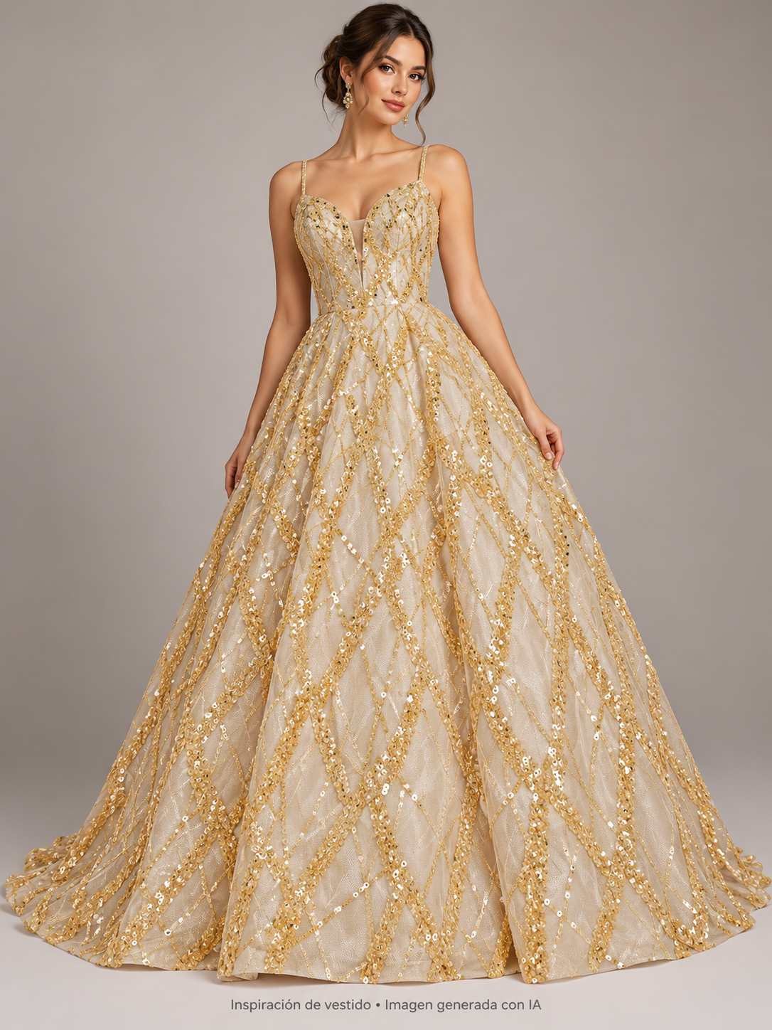 Inspiración de vestido generada con IA: Tul bordado color oro A826, ideal para vestidos de noche de boda y de XV años