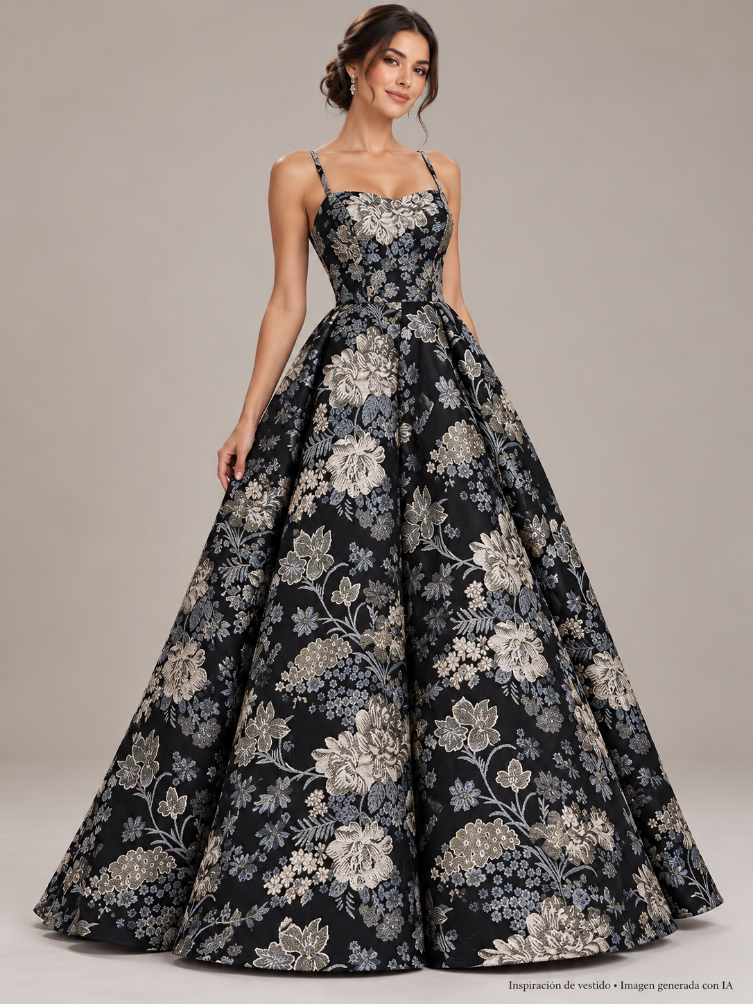 Inspiración de vestido generada con IA: Tul bordado color oro A798, ideal para vestidos de noche de boda y de XV años