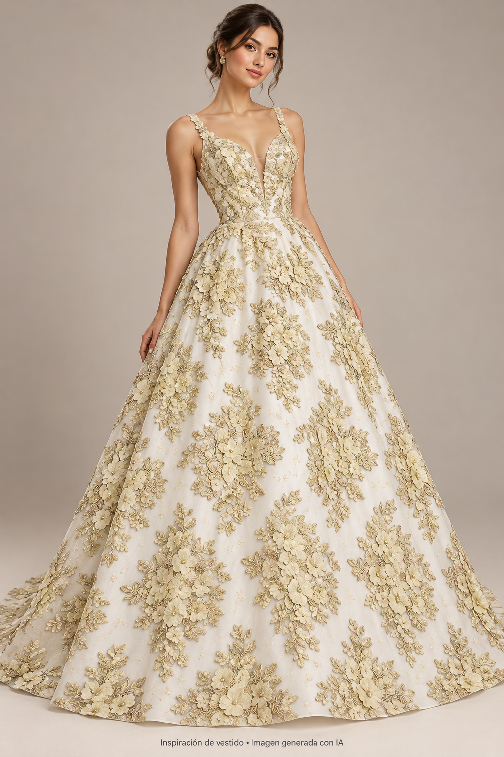 Inspiración de vestido generada con IA: Tul bordado color oro A717, ideal para vestidos de noche de boda y de XV años