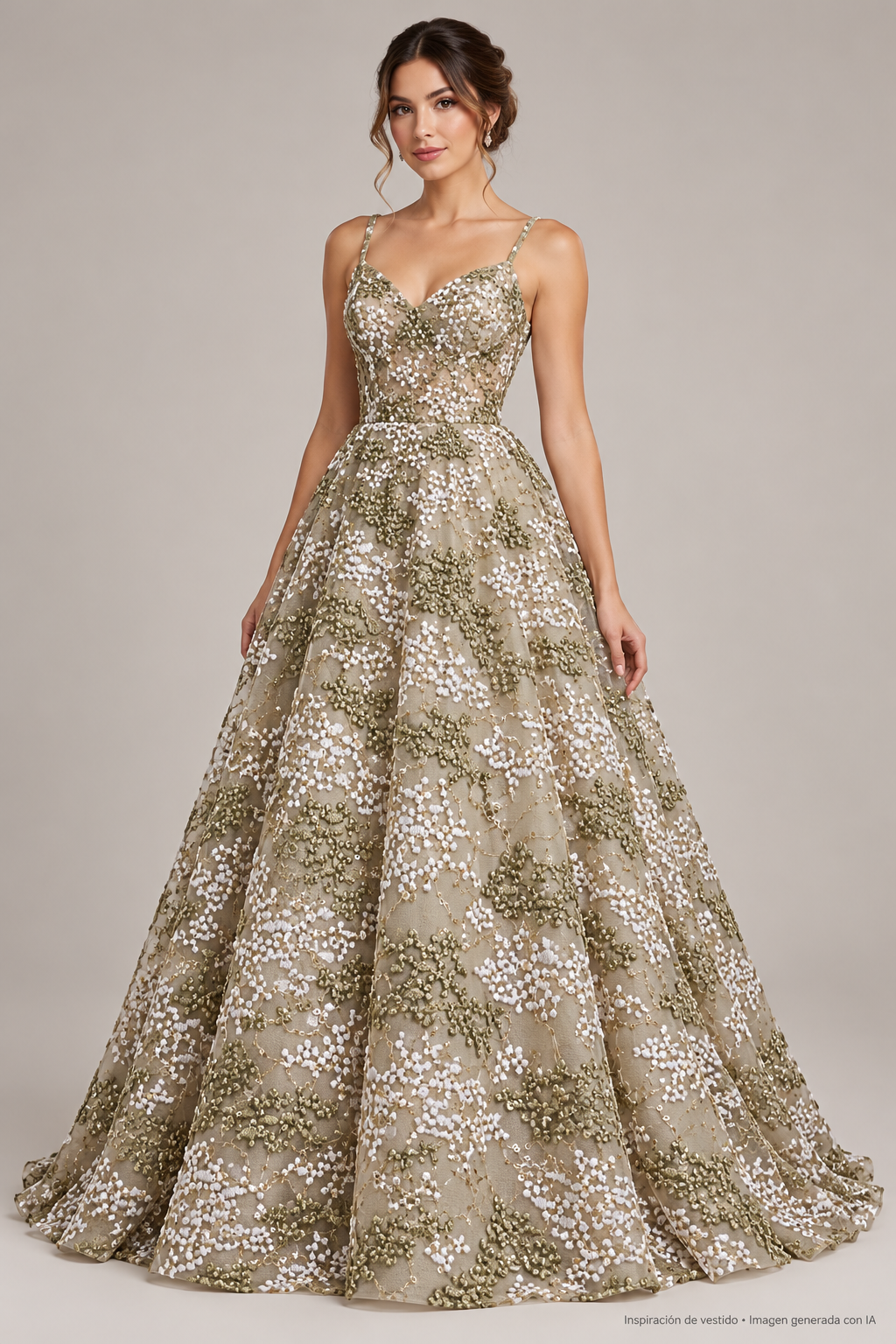 Inspiración de vestido generada con IA: Tul bordado color oro A689, ideal para vestidos de noche de boda y de XV años