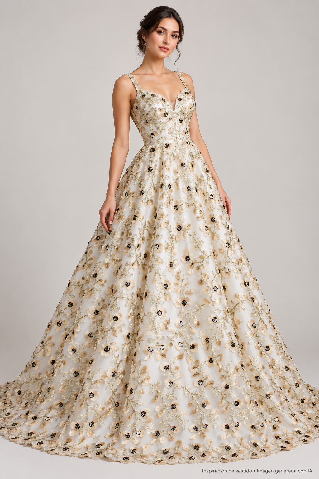 Inspiración de vestido generada con IA: Tul bordado color oro A630, ideal para vestidos de noche de boda y de XV años