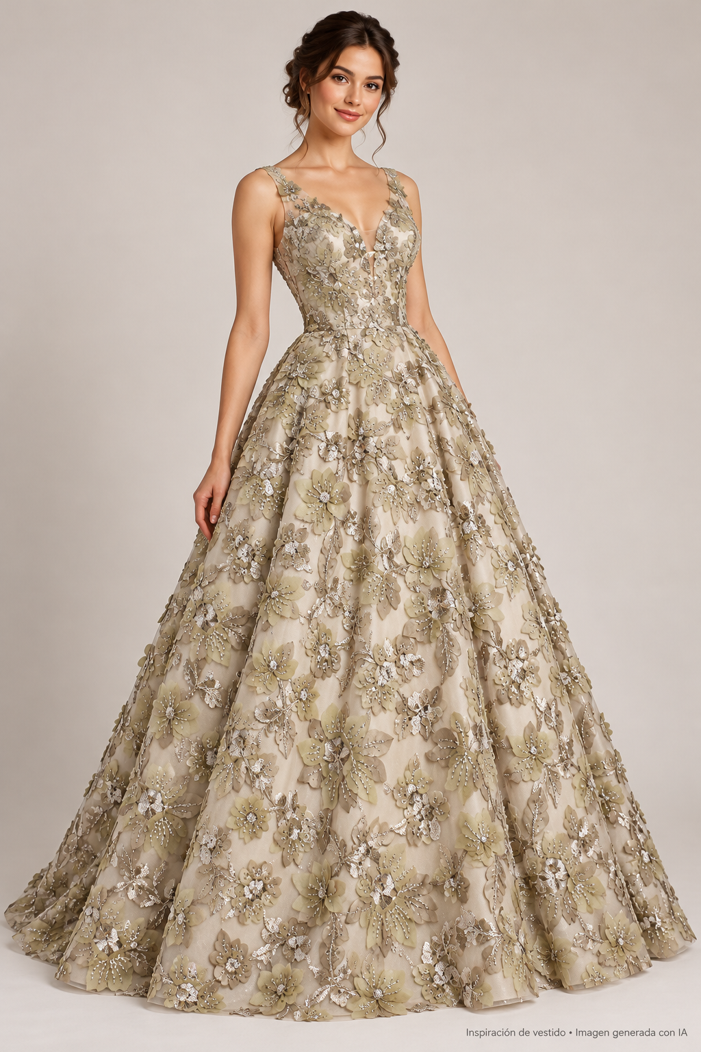 Inspiración de vestido generada con IA: Tul bordado color oro A615, ideal para vestidos de noche de boda y de XV años