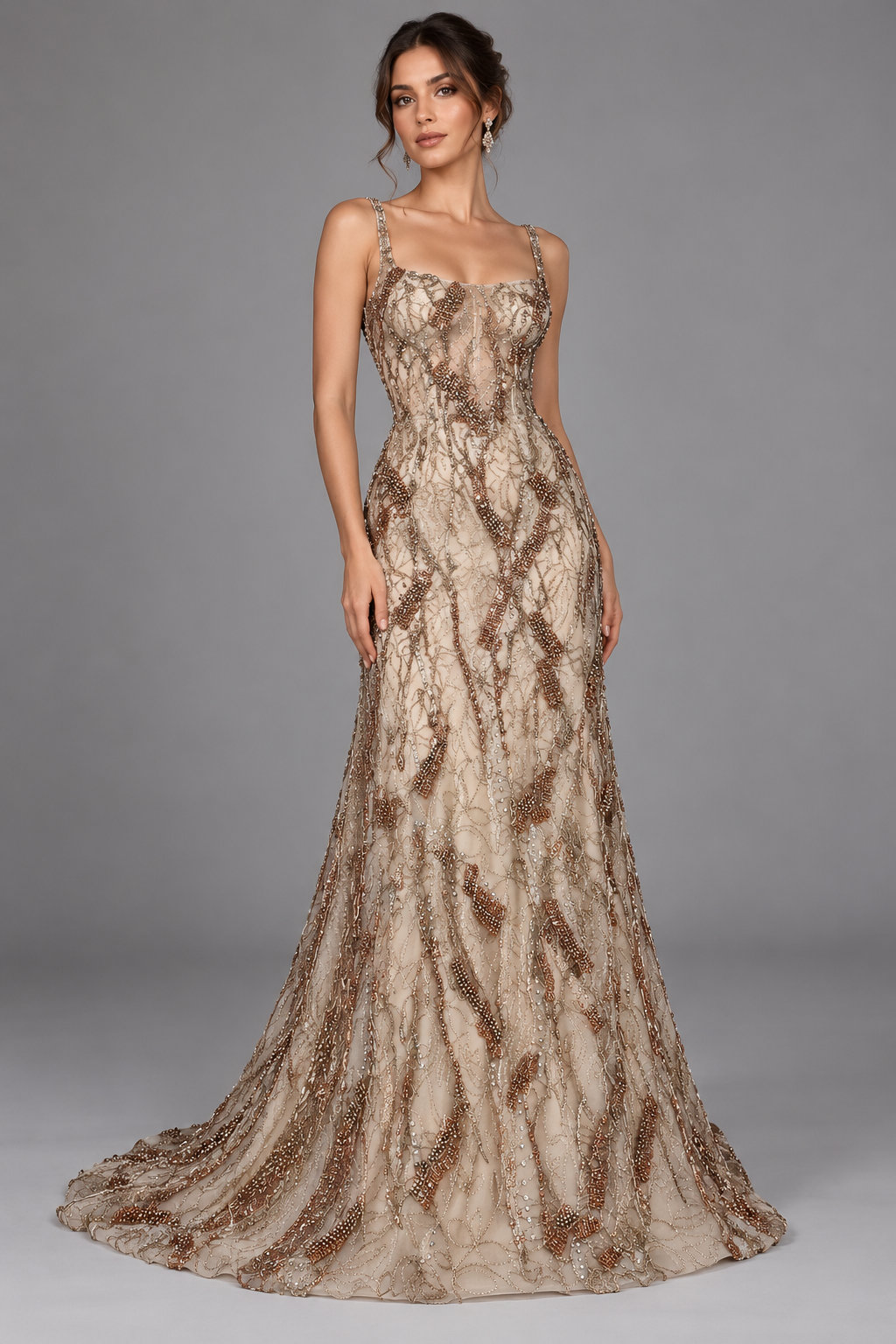 Inspiración de vestido generada con IA: Tul bordado color nude A860, ideal para vestidos de noche de boda y de XV años; se vende la tela.