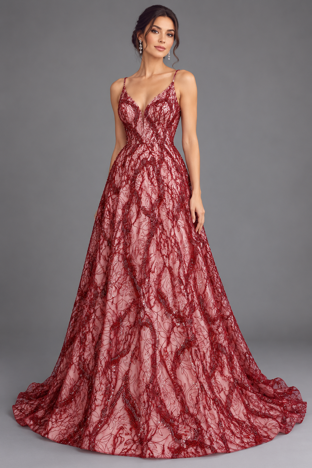 Inspiración de vestido generada con IA: Tul bordado color rojo A860 ideal para vestidos de noche de boda y de XV años; se vende la tela.