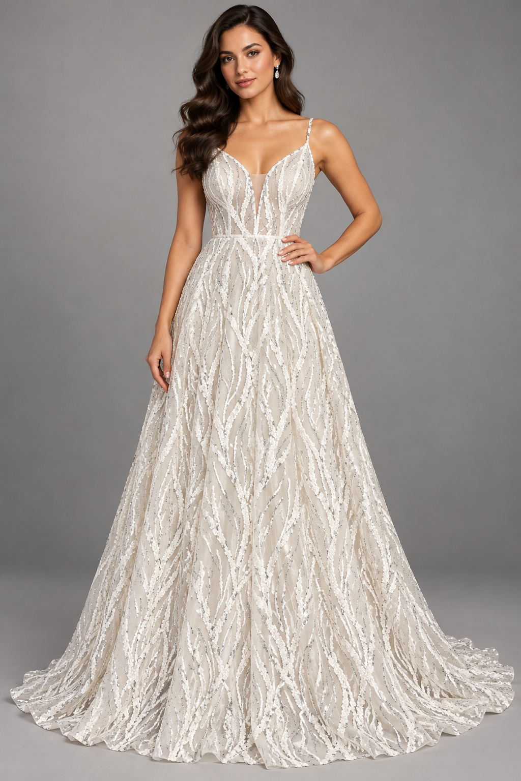 Inspiración de vestido generada con IA: Tul bordado color hueso A825, ideal para vestidos de noche de boda y de XV años; se vende la tela.