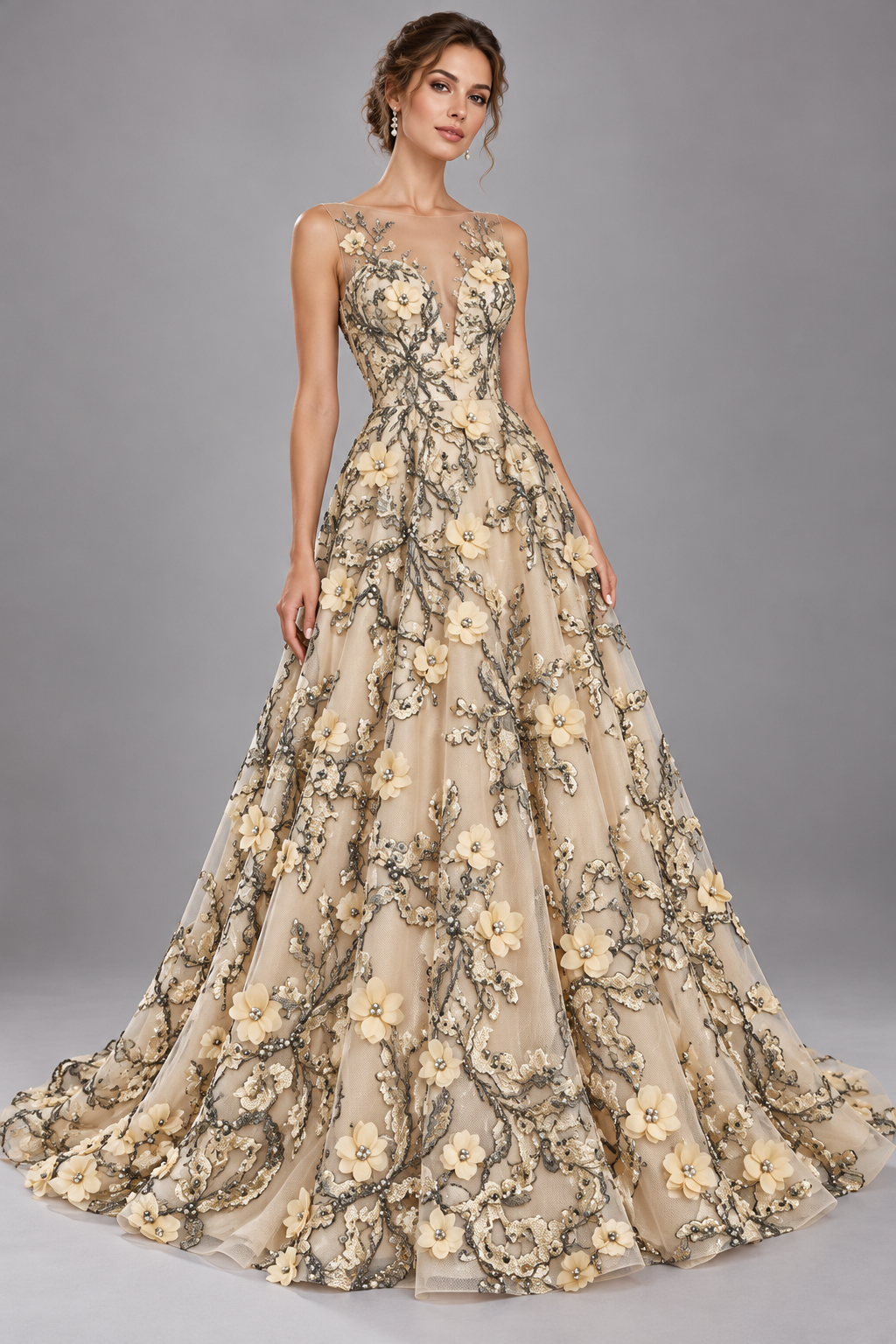 Inspiración de vestido generada con IA: Tul bordado color oro A815, ideal para vestidos de noche de boda y de XV años; se vende la tela.