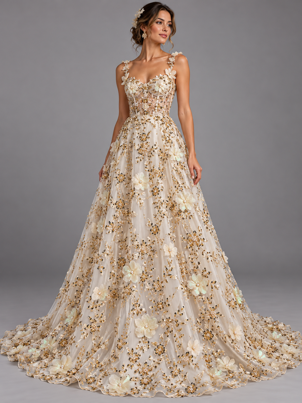 Inspiración de vestido generada con IA: Tul bordado con lentejuela, canutillo y flor y mariposa 3d en tornasol hh237; se vende la tela.