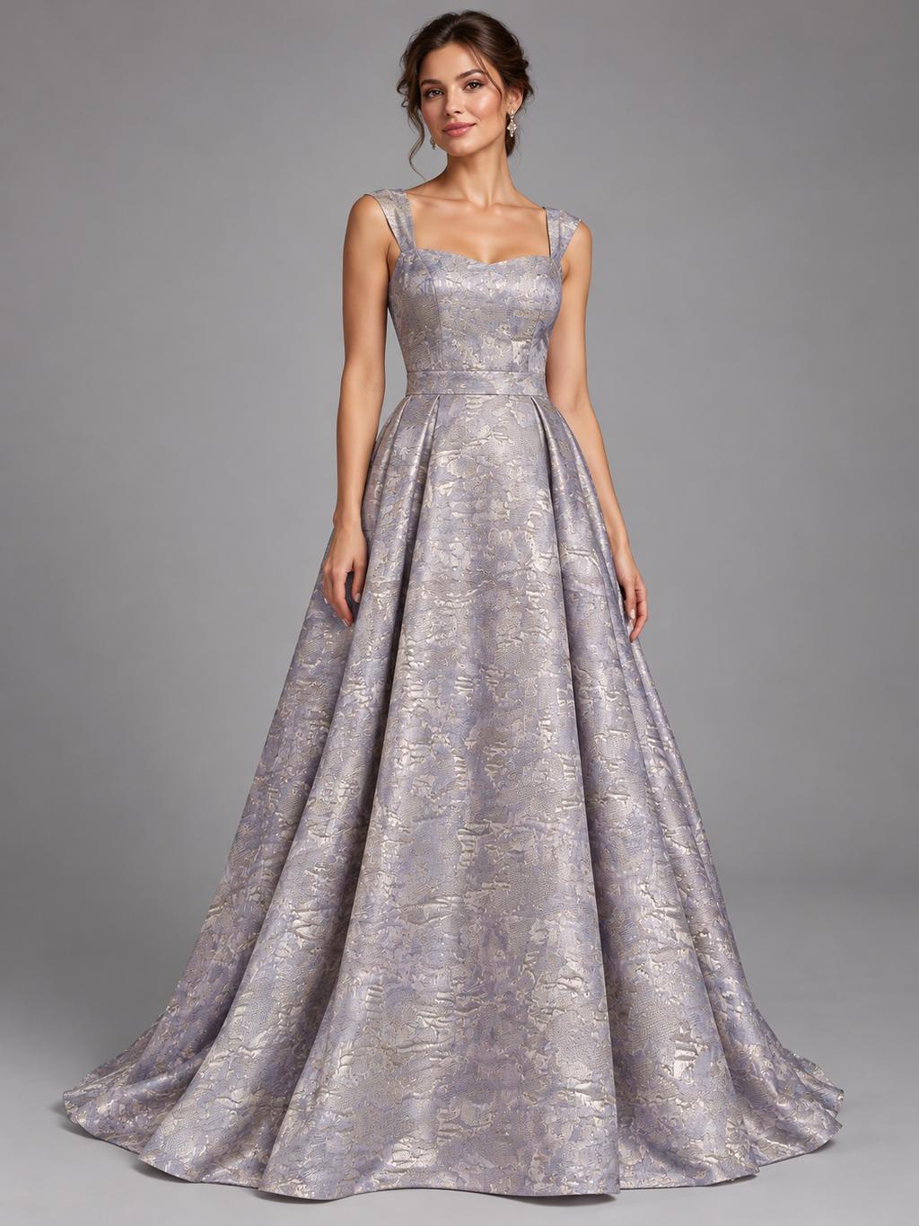 Inspiración de vestido generada con IA: Tul bordado color malva H181, ideal para vestidos de noche de boda y de XV años; se vende la tela.