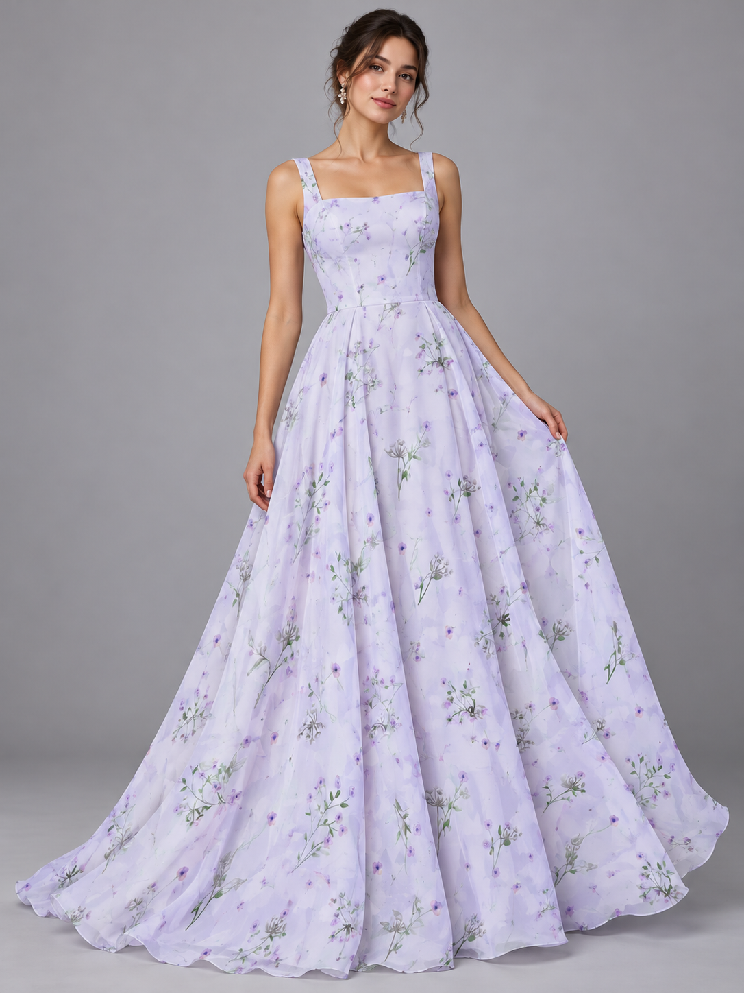 Inspiración de vestido generada con IA: Tul bordado color Lila H183, ideal para vestidos de noche de boda y de XV años; se vende la tela.