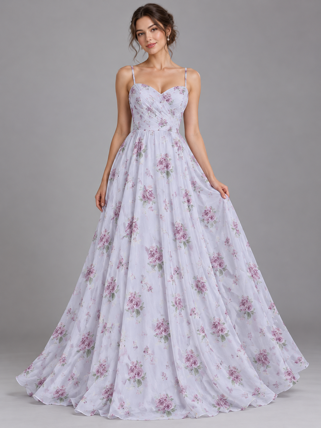 Inspiración de vestido generada con IA: Tul bordado color lila H188, ideal para vestidos de noche de boda y de XV años; se vende la tela.