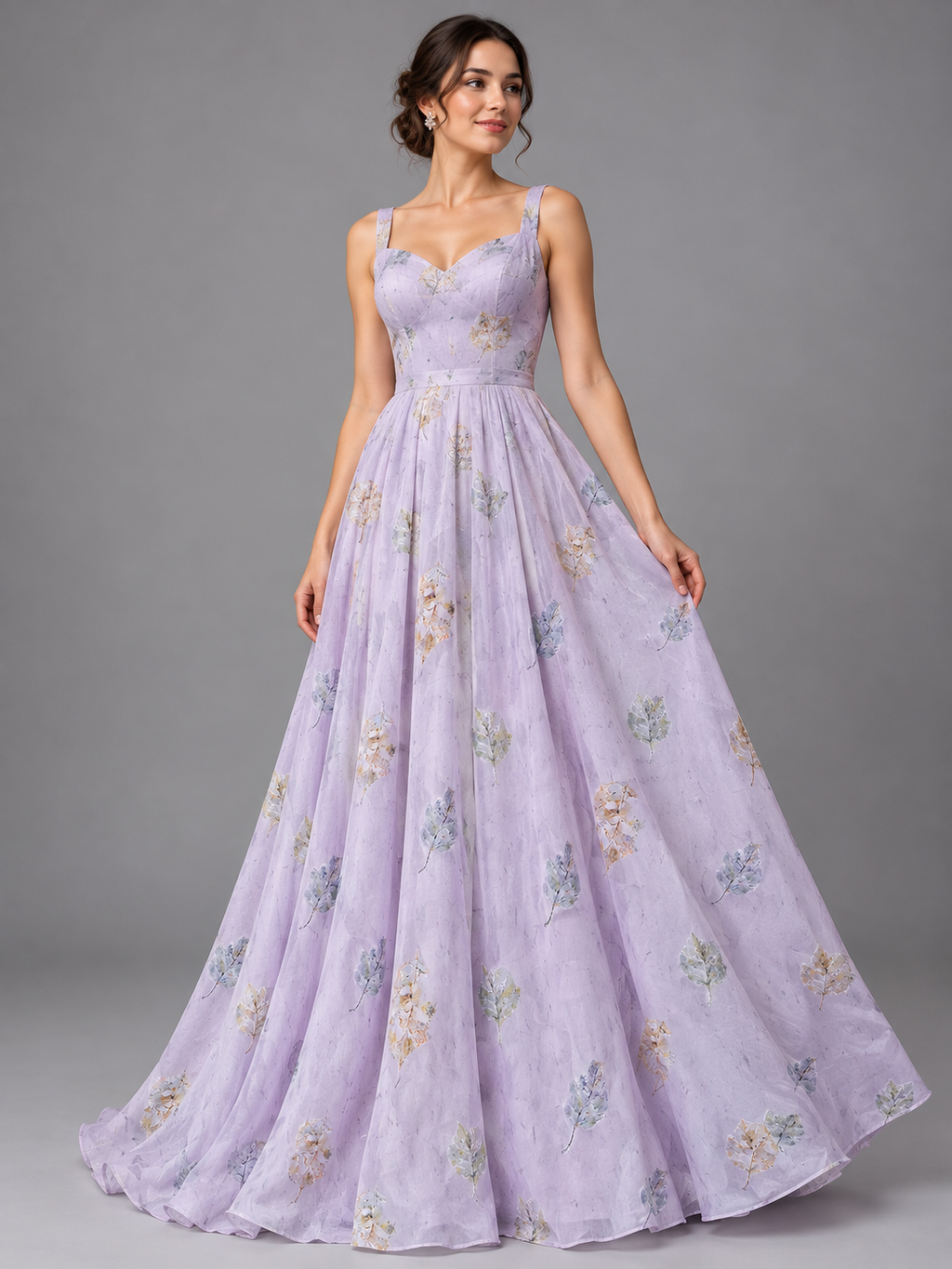 Inspiración de vestido generada con IA: Tul bordado color lila H190, ideal para vestidos de noche de boda y de XV años; se vende la tela.