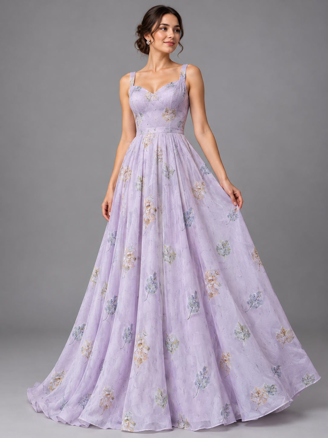 Inspiración de vestido generada con IA: Tul bordado color lila H190, ideal para vestidos de noche de boda y de XV años; se vende la tela.