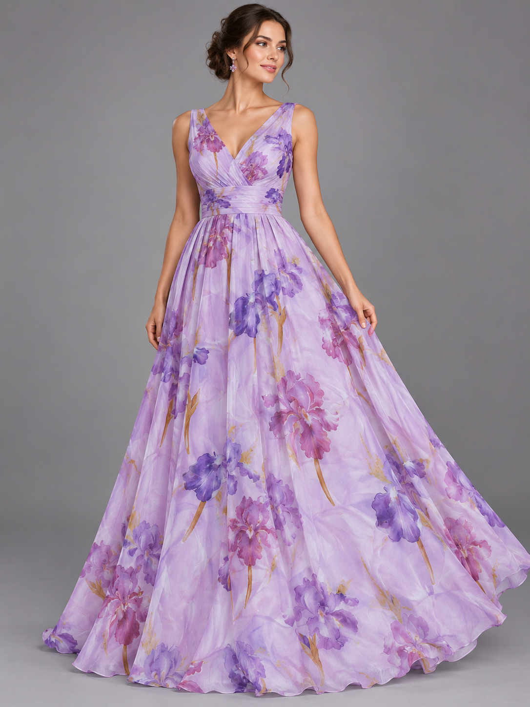 Inspiración de vestido generada con IA: Tul bordado color lila H224, ideal para vestidos de noche de boda y de XV años; se vende la tela.