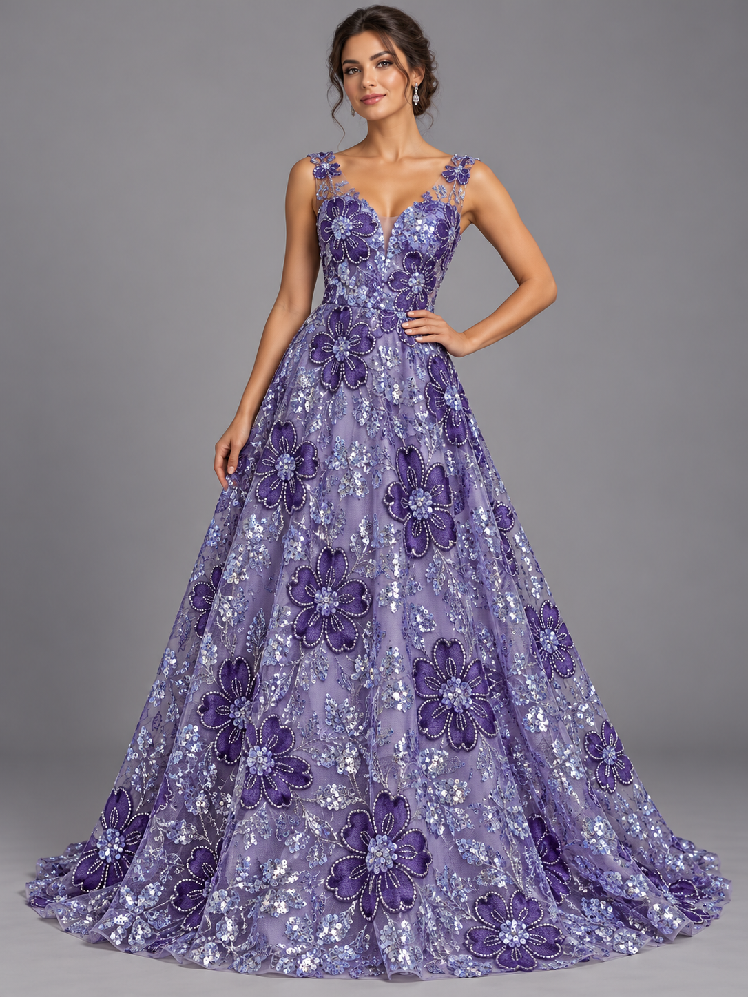 Inspiración de vestido generada con IA: Tul bordado color lila H234, ideal para vestidos de noche de boda y de XV años; se vende la tela.