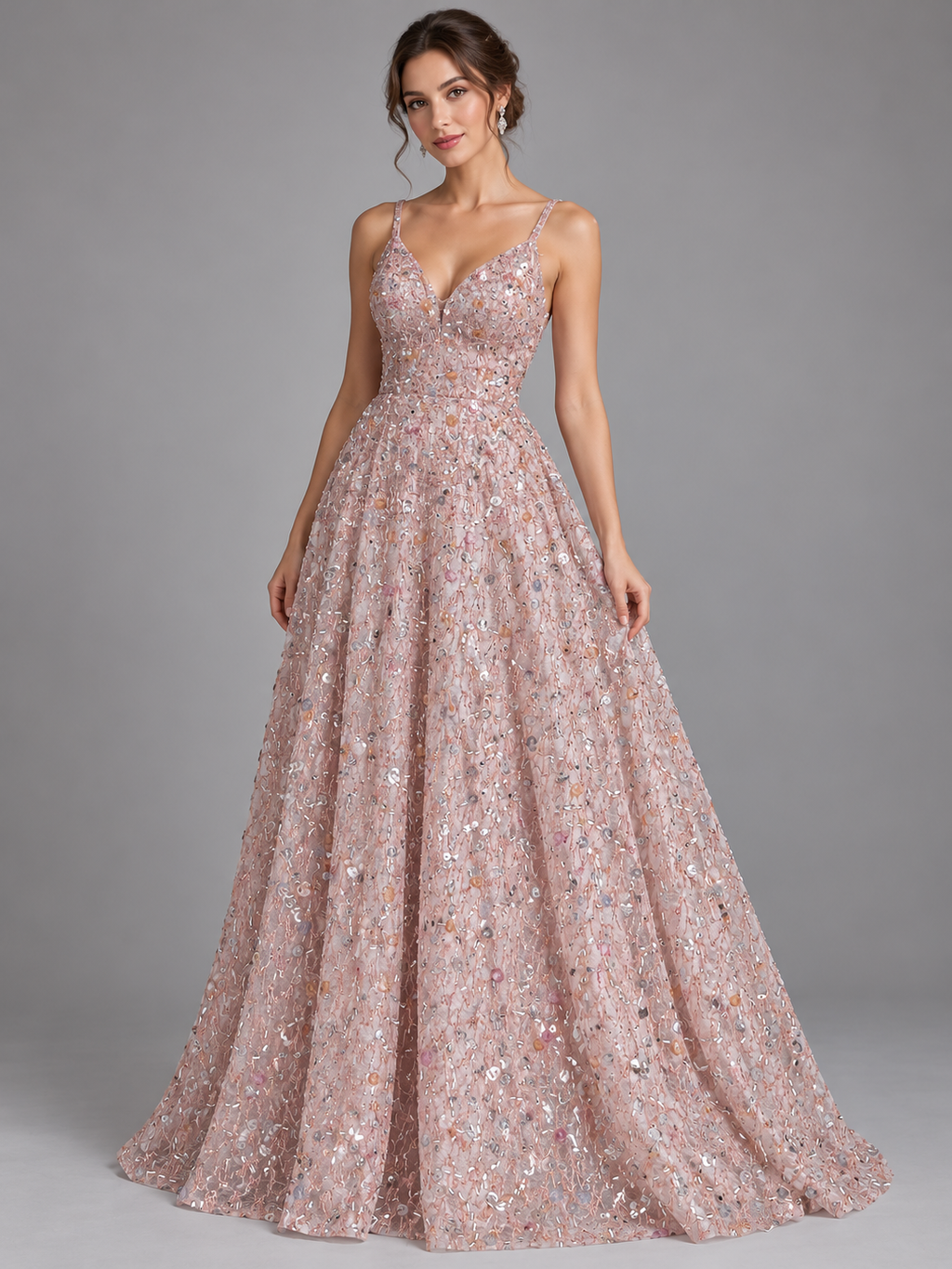 Inspiración de vestido generada con IA: Tul bordado color rosa H171, ideal para vestidos de noche de boda y de XV años; se vende la tela.