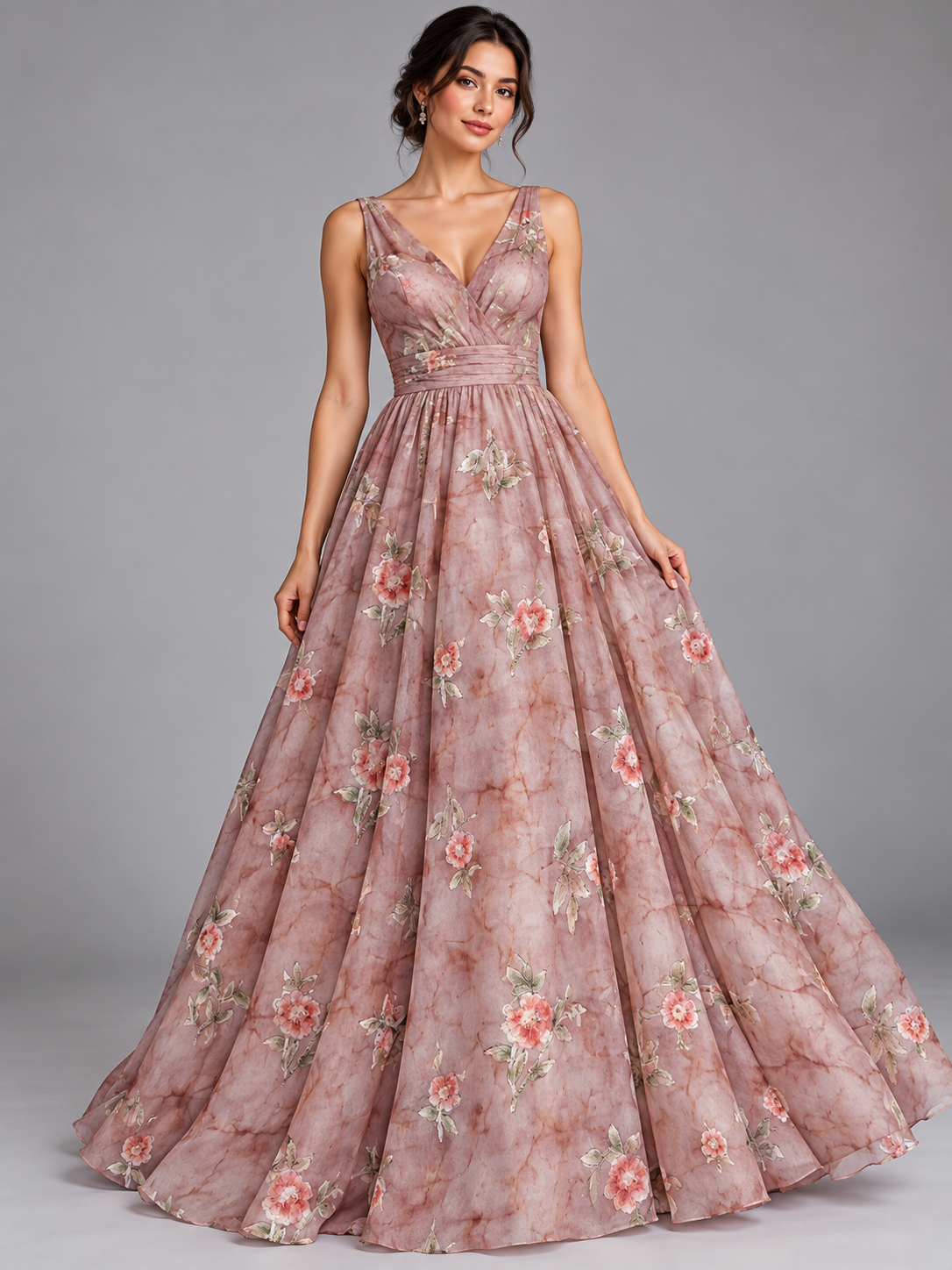 Inspiración de vestido generada con IA: Tul bordado color palo de rosa H184, ideal para vestidos de noche de boda y de XV años; se vende la tela.