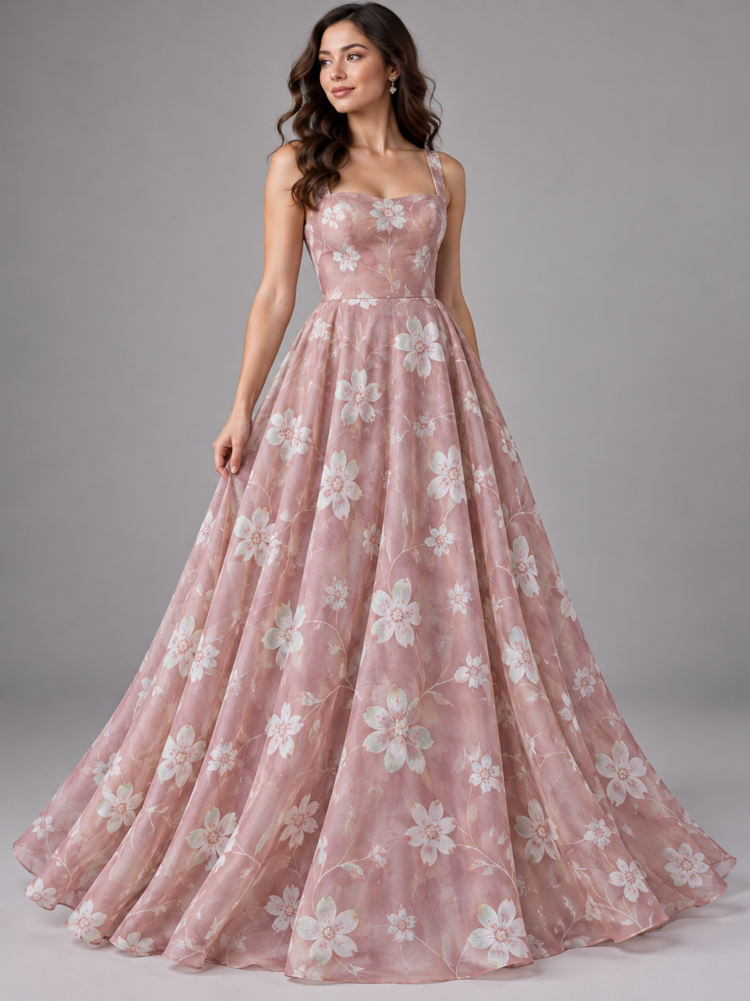 Inspiración de vestido generada con IA: Tul bordado color palo de rosa H185, ideal para vestidos de noche de boda y de XV años; se vende la tela.