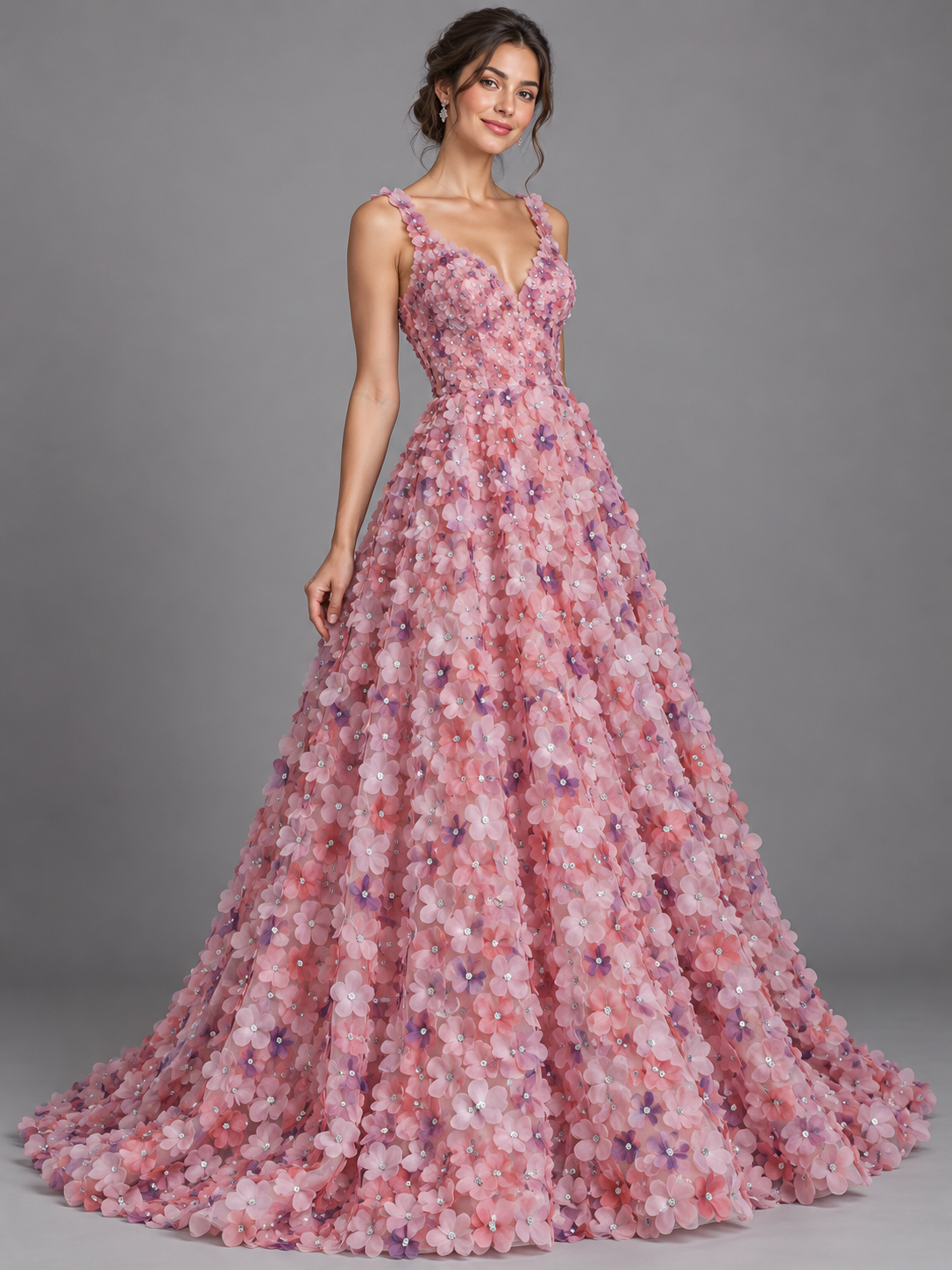 Inspiración de vestido generada con IA: Tul bordado color rosa H223, ideal para vestidos de noche de boda y de XV años; se vende la tela.