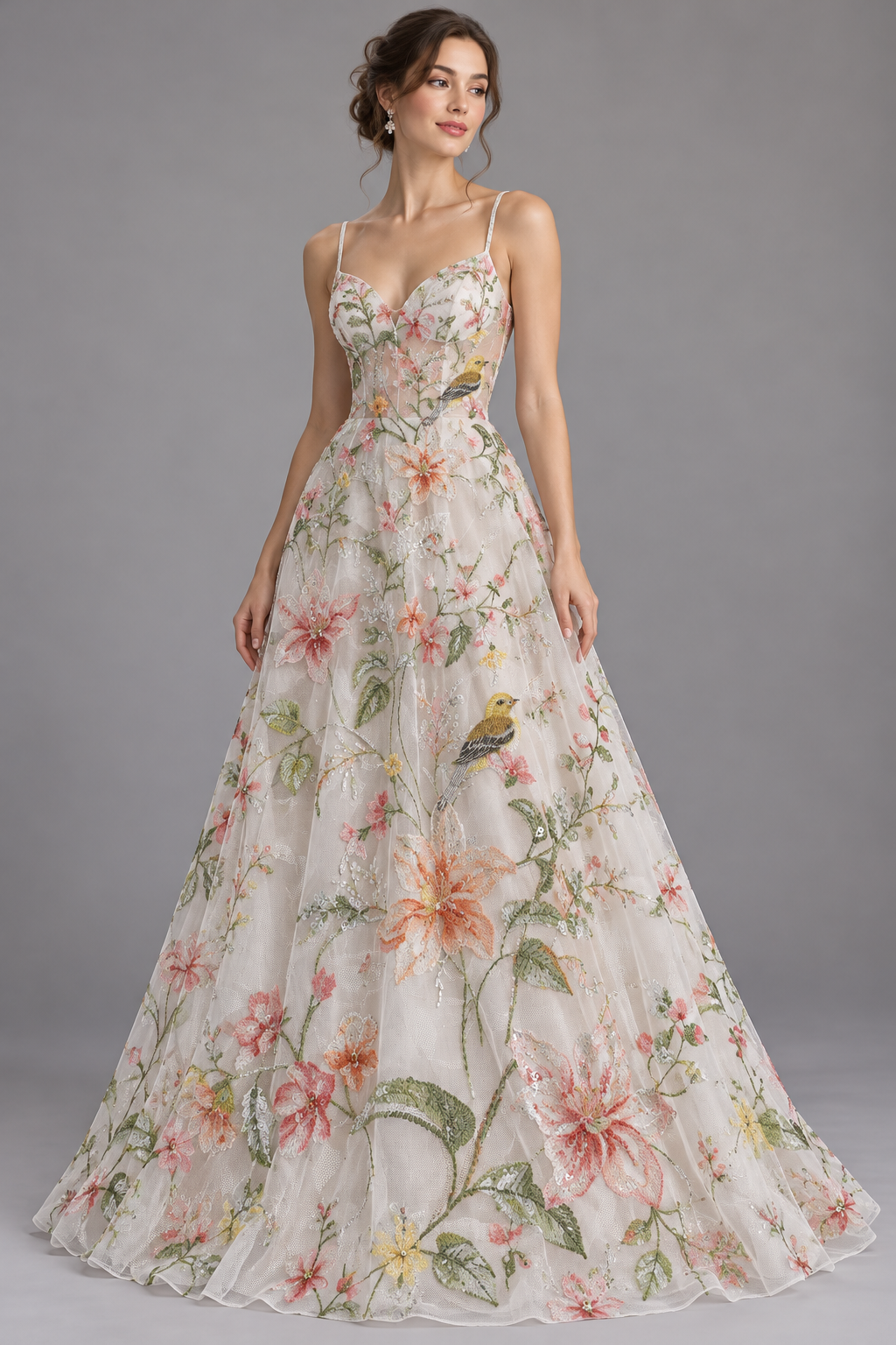 Inspiración de vestido generada con IA: Tul bordado color durazno H229, ideal para vestidos de noche de boda y de XV años; se vende la tela.