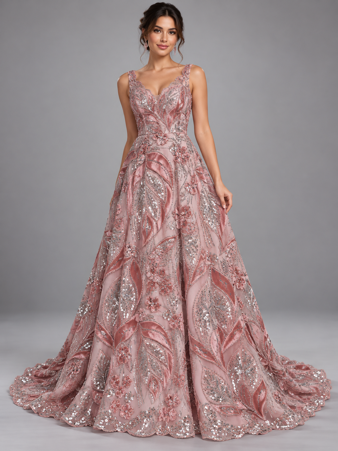 Inspiración de vestido generada con IA: Tul bordado color rosa H235, ideal para vestidos de noche de boda y de XV años; se vende la tela.
