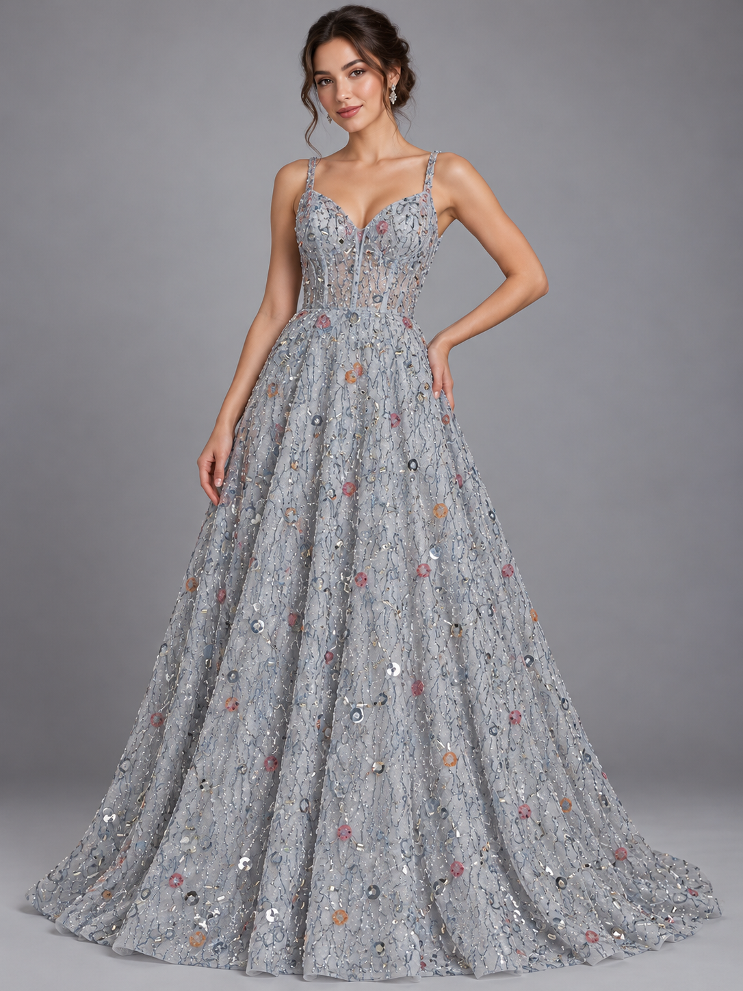 Inspiración de vestido generada con IA: Tul bordado color gris H171, ideal para vestidos de noche de boda y de XV años; se vende la tela.