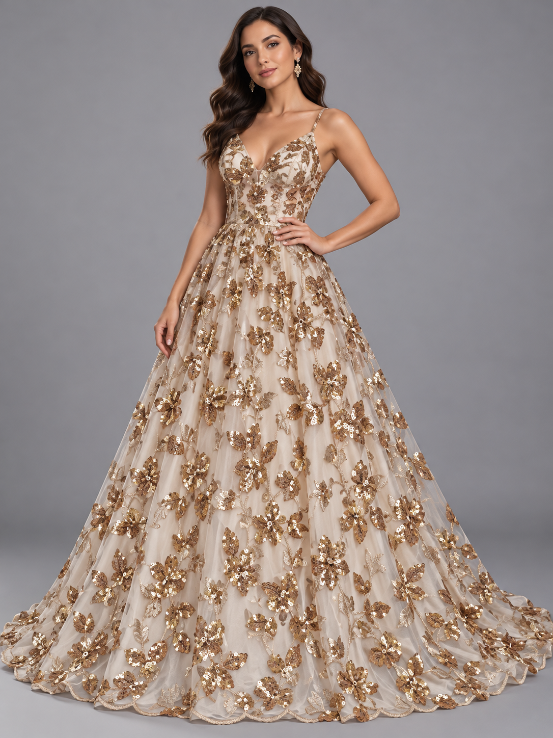 Inspiración de vestido generada con IA: Tul bordado color oro H177, ideal para vestidos de noche de boda y de XV años; se vende la tela.