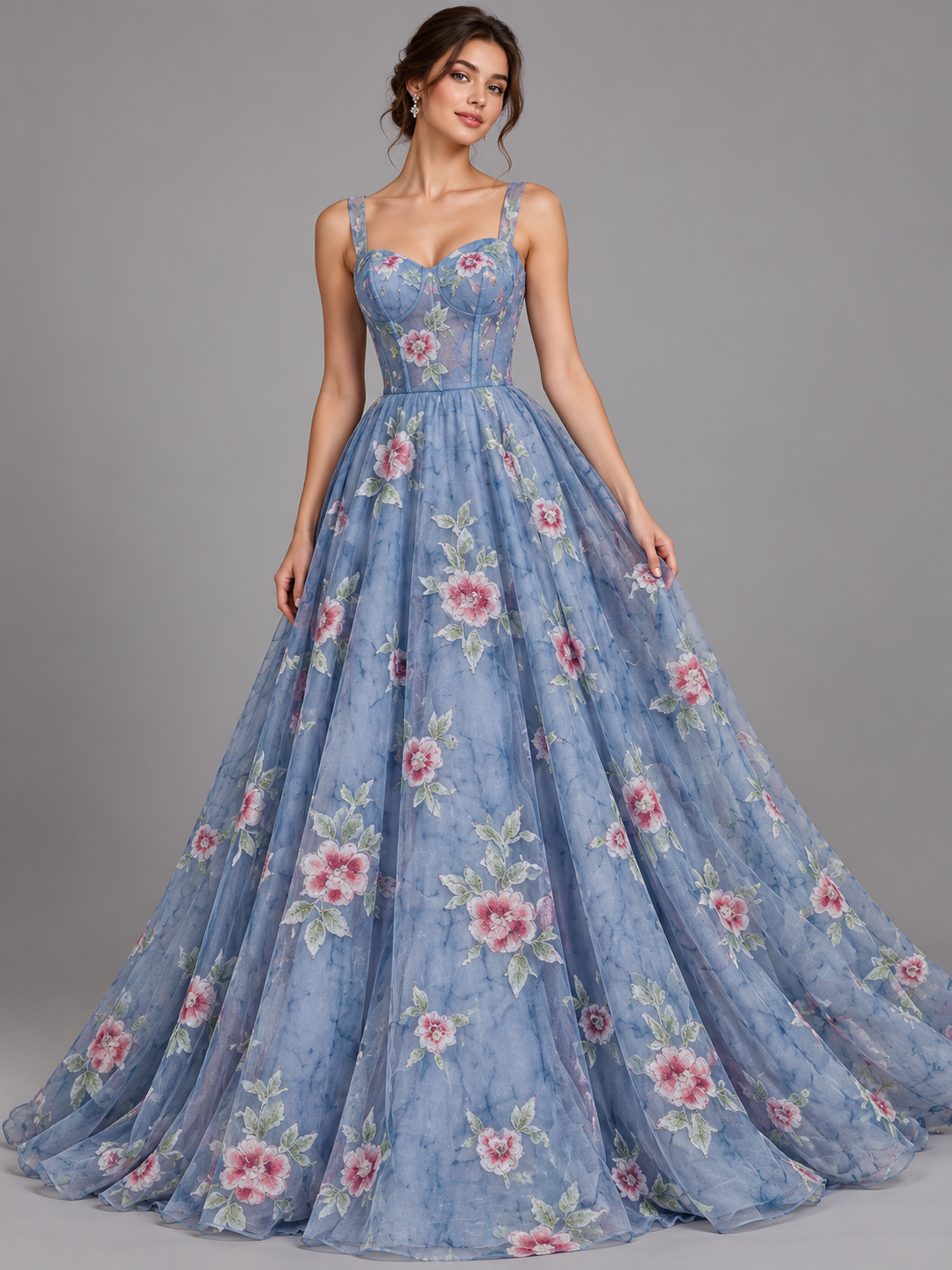 Inspiración de vestido generada con IA: Tul bordado color plumbago H184, ideal para vestidos de noche de boda y de XV años; se vende la tela.