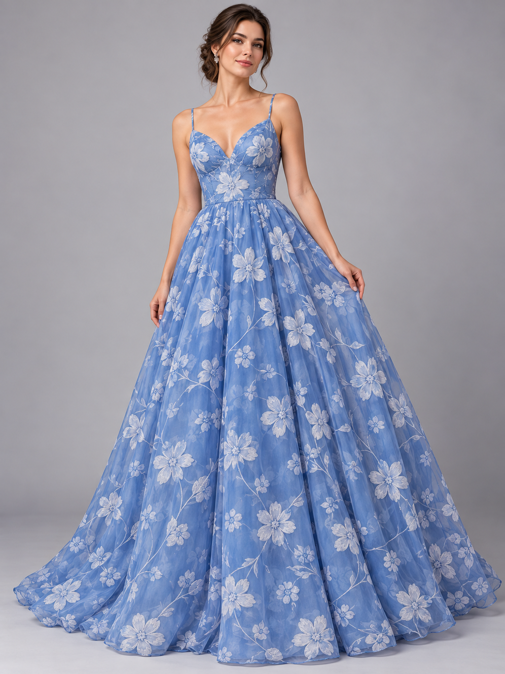 Inspiración de vestido generada con IA: Tul bordado color plumbago H185, ideal para vestidos de noche de boda y de XV años; se vende la tela.