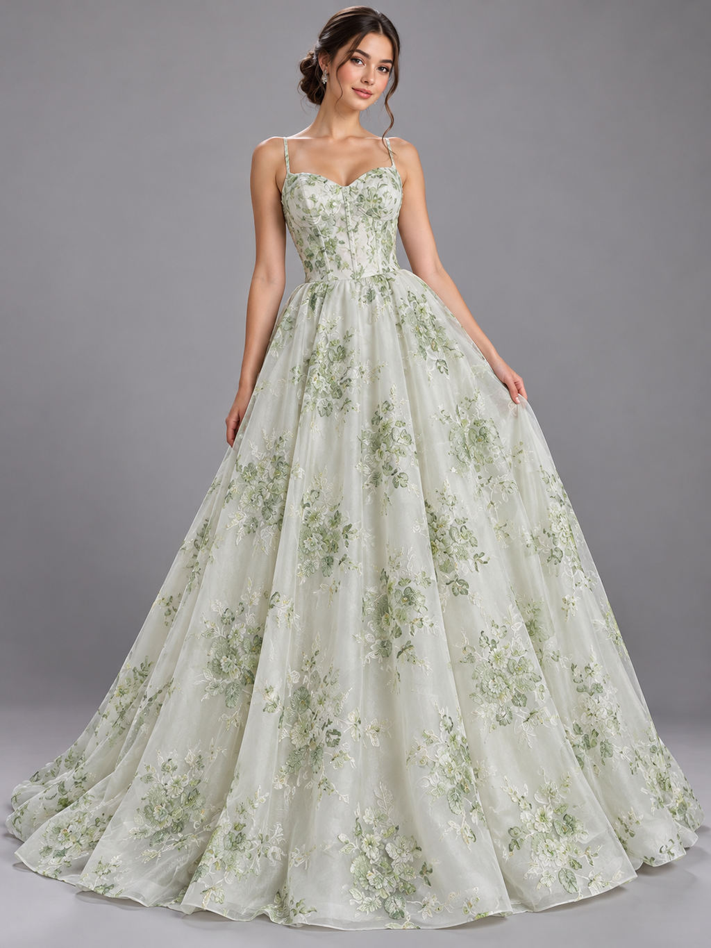 Inspiración de vestido generada con IA: Tul bordado color verde H188, ideal para vestidos de noche de boda y de XV años; se vende la tela.