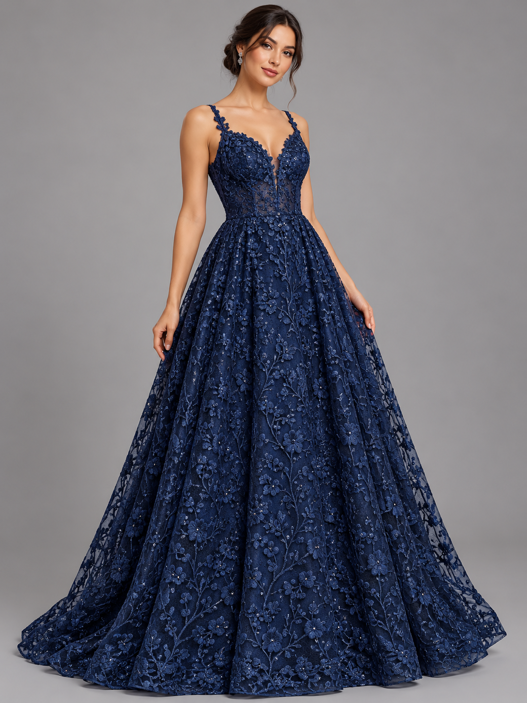 Inspiración de vestido generada con IA: Tul bordado color marino H201, ideal para vestidos de noche de boda y de XV años; se vende la tela.