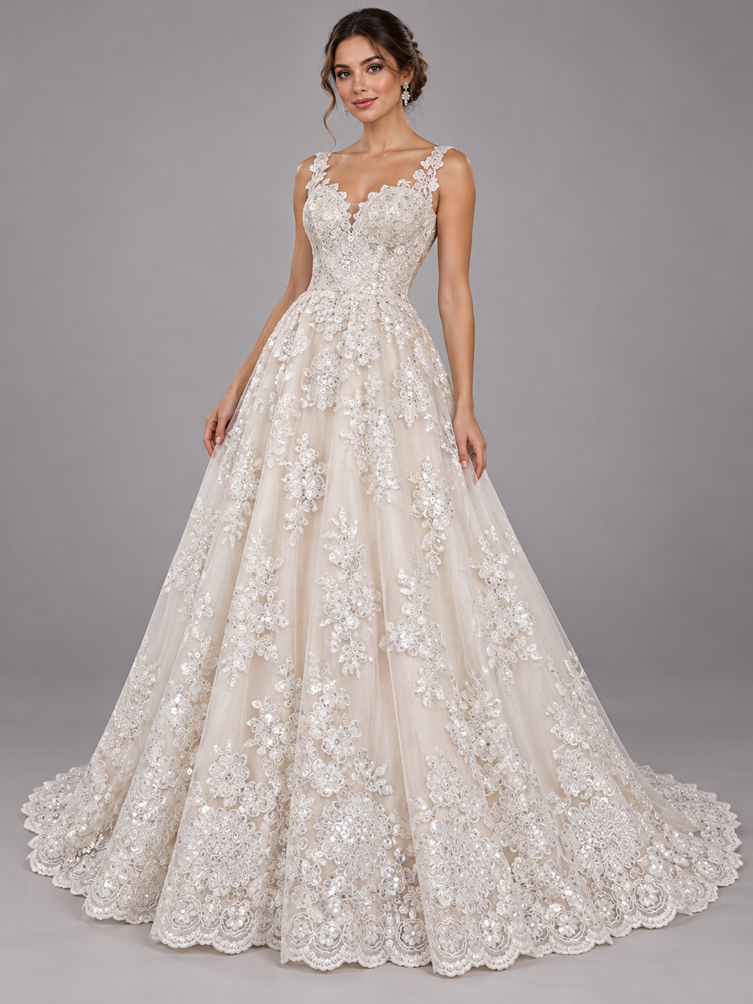 Inspiración de vestido generada con IA: Tul bordado color hueso H205, ideal para vestidos de noche de boda y de XV años; se vende la tela.