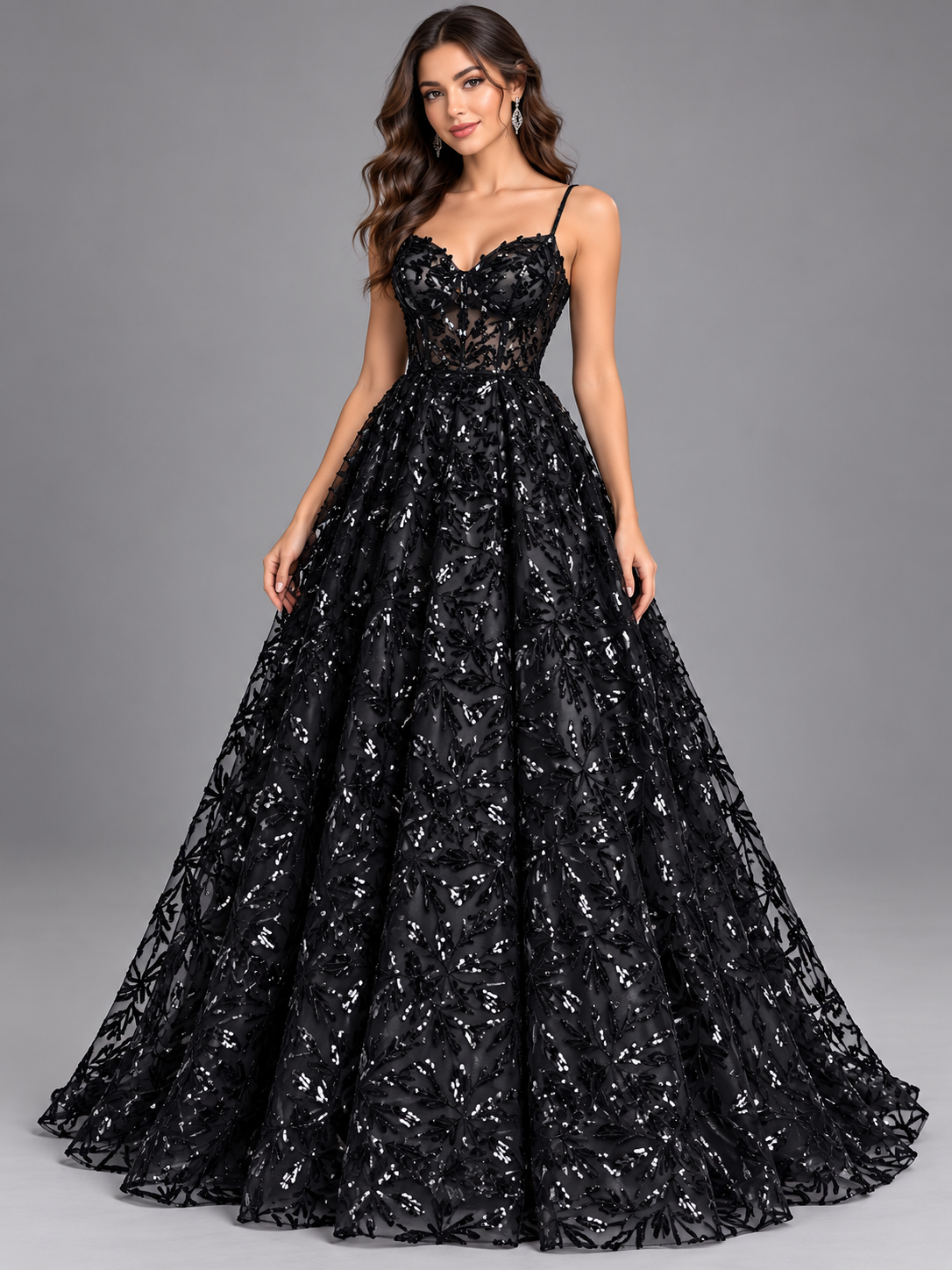 Inspiración de vestido generada con IA: Tul bordado color negro H209, ideal para vestidos de noche de boda y de XV años; se vende la tela.