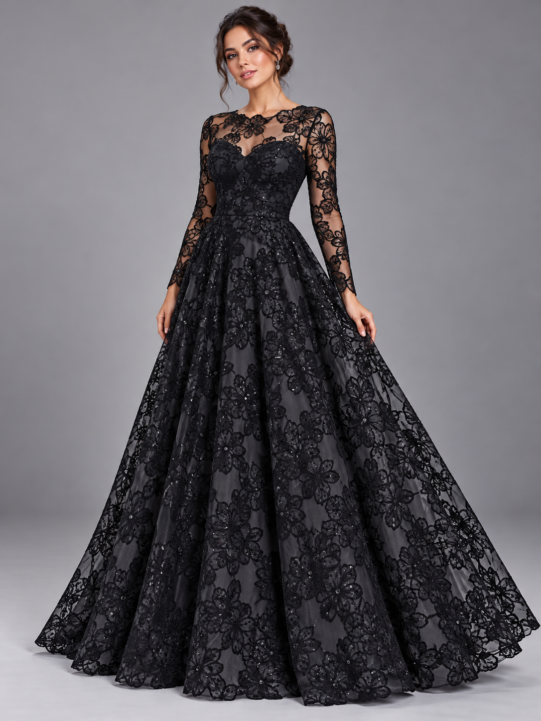 Inspiración de vestido generada con IA: Tul bordado color negro H212, ideal para vestidos de noche de boda y de XV años; se vende la tela.