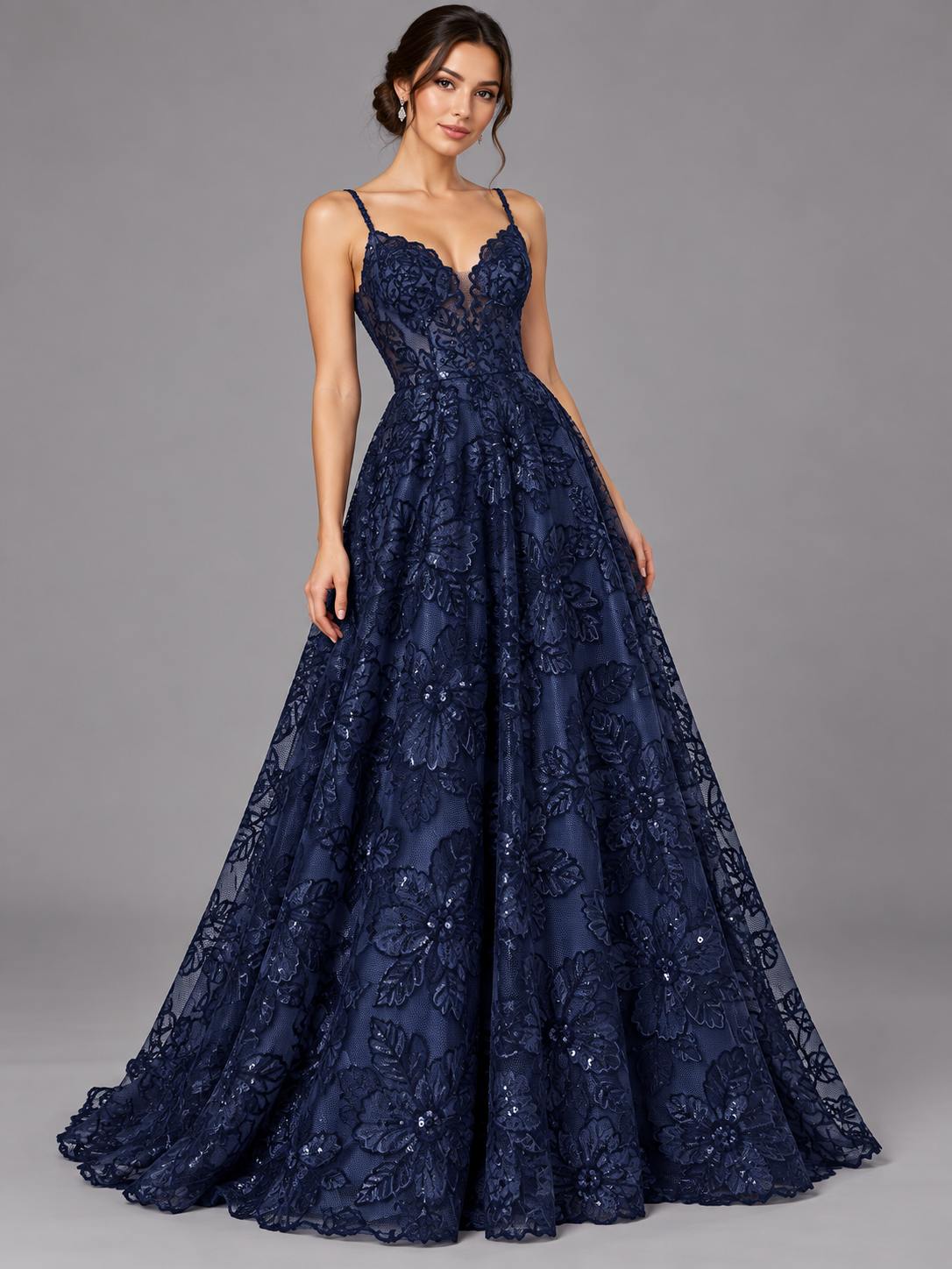 Inspiración de vestido generada con IA: Tul bordado color marino H212, ideal para vestidos de noche de boda y de XV años; se vende la tela.