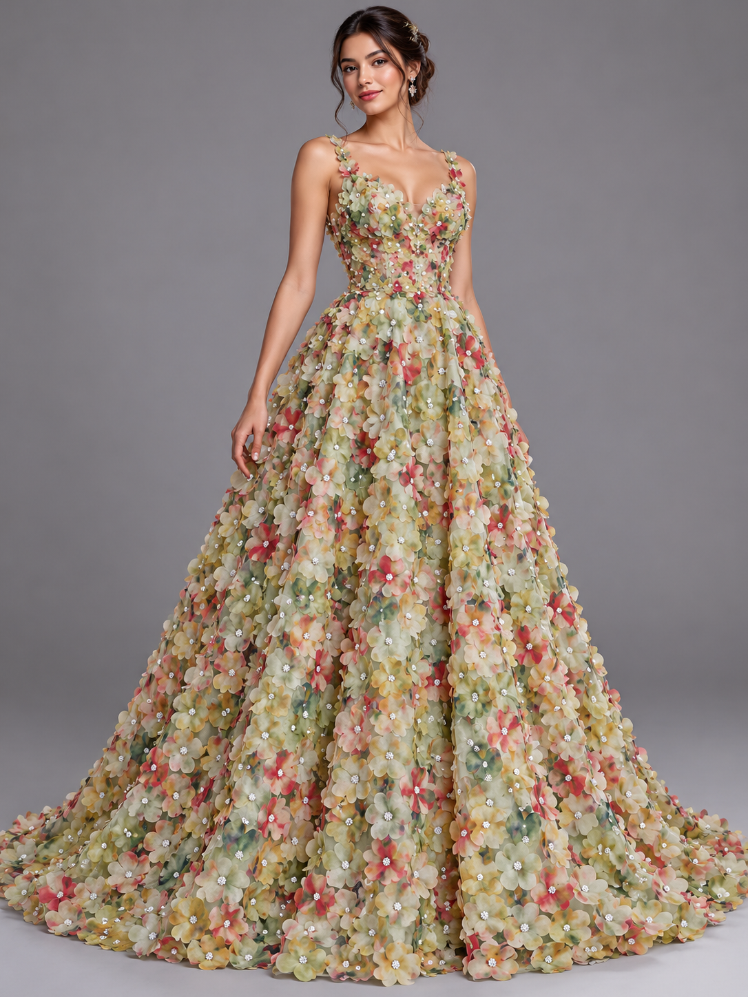 Inspiración de vestido generada con IA: Tul bordado color verde H223, ideal para vestidos de noche de boda y de XV años; se vende la tela.